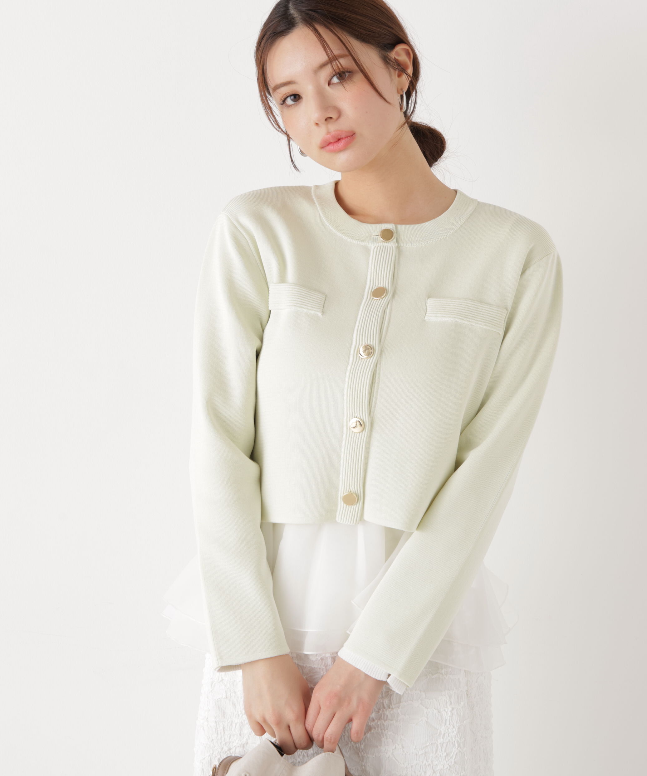 PROPORTION BODY DRESSING「〈a/mie〉シアーペプラムリブニット　26SS」|カーディガン|