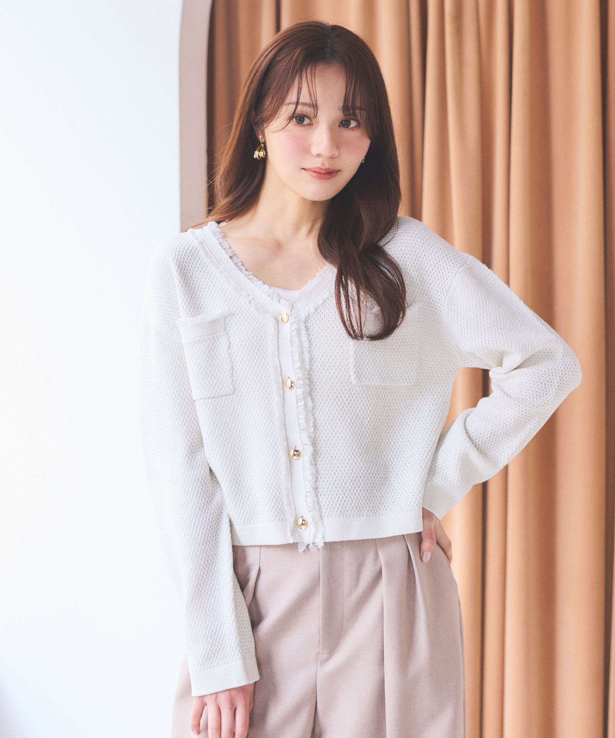 PROPORTION BODY DRESSING「ラメ透かしニットジャケット　26SS」|ニット・セーター|エクリュ1