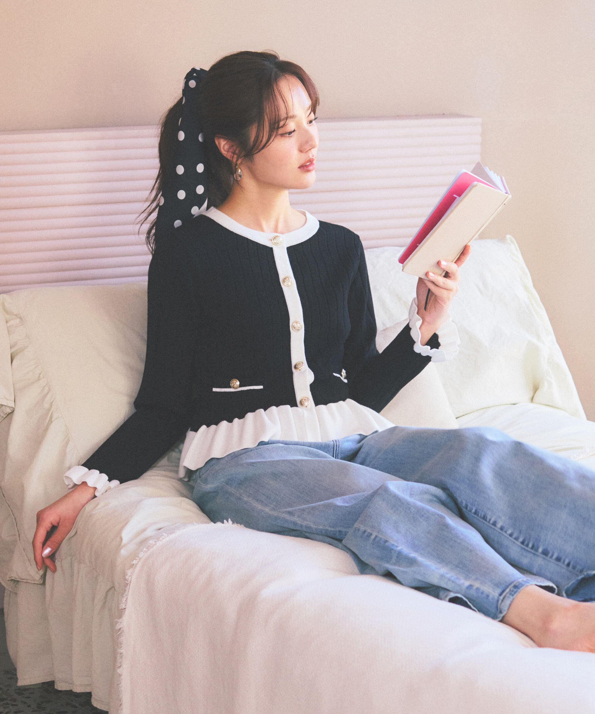 PROPORTION BODY DRESSING「ボタン付きペプラムニット26SS」|ニット・セーター|ブラック&times;ホワ