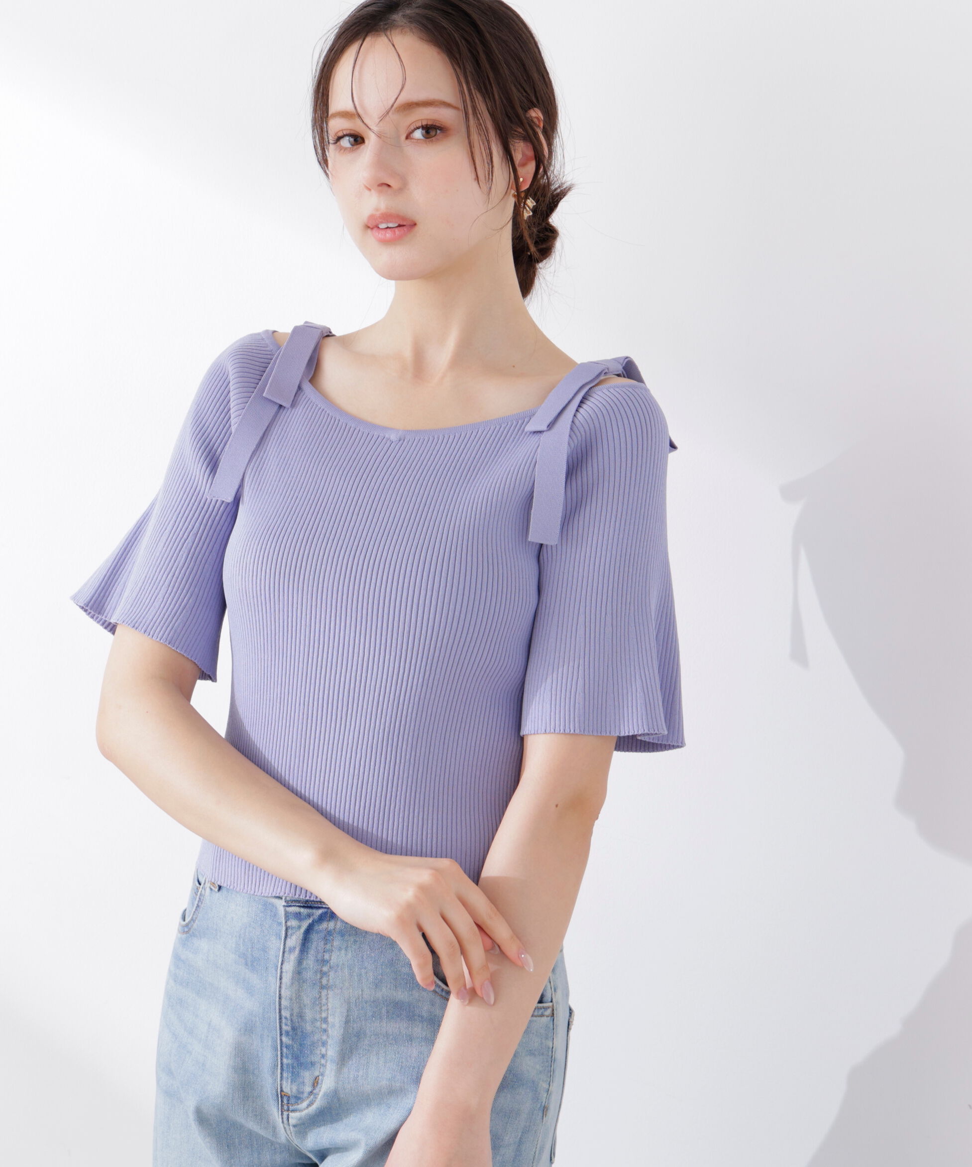 PROPORTION BODY DRESSING「＜ウォッシャブル/UV＞肩リボンオフショルニット　26SS」|ニット・セーター|