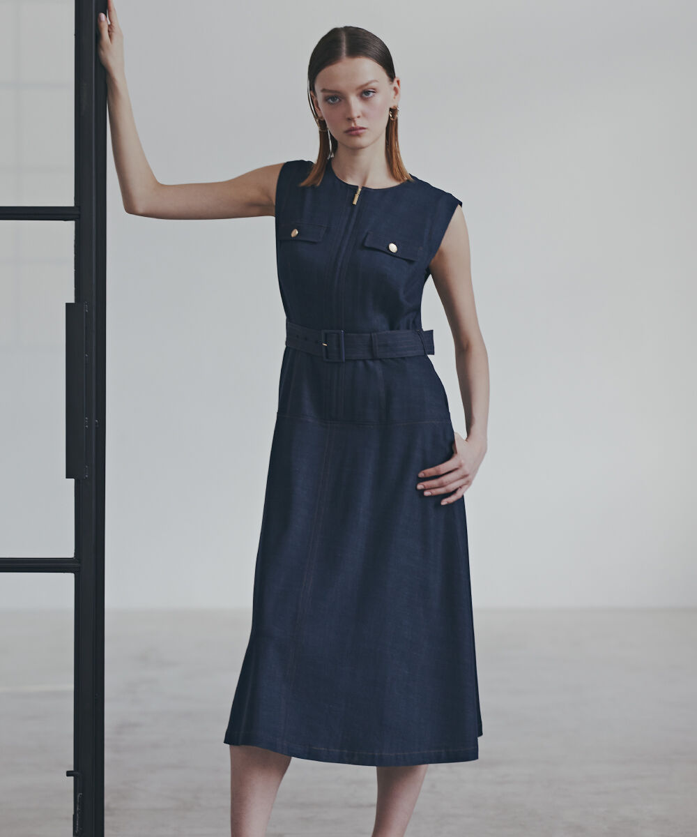  「フロントファスナーデニムワンピース」|ワンピース|ネイビー