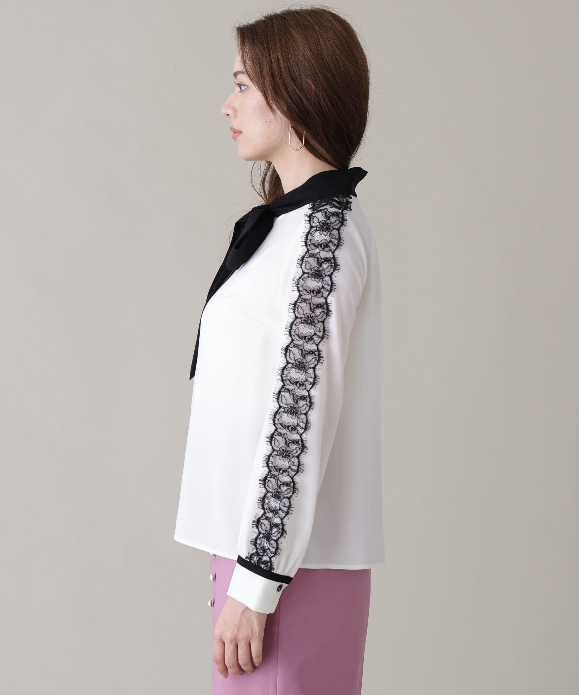  「レースコンビバイカラーリボンブラウス」|シャツ・ブラウス|