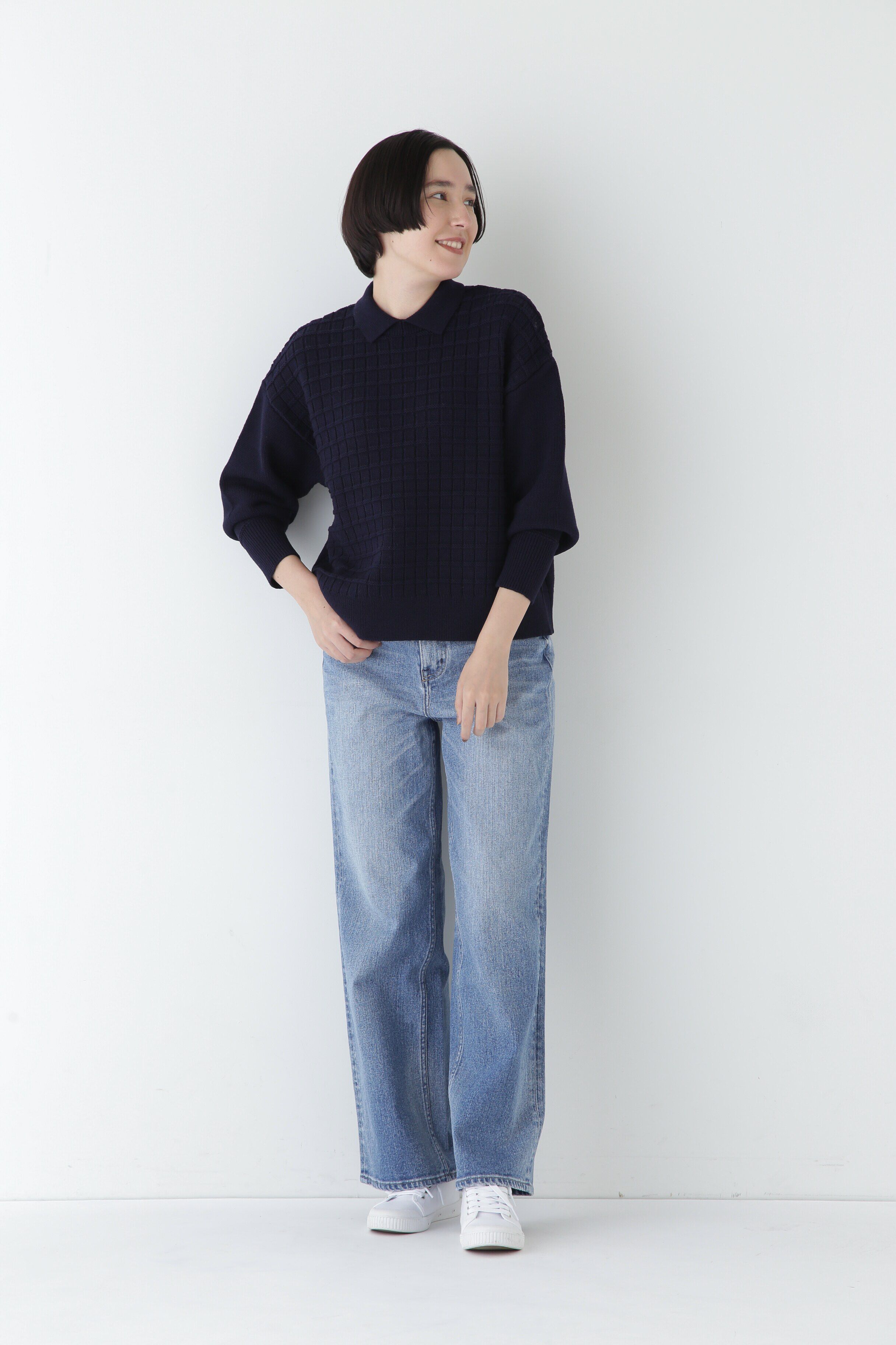  「◆【ウォッシャブル】バルキーコットン混リンクス柄ポロプルオーバー」|ニット・セーター|