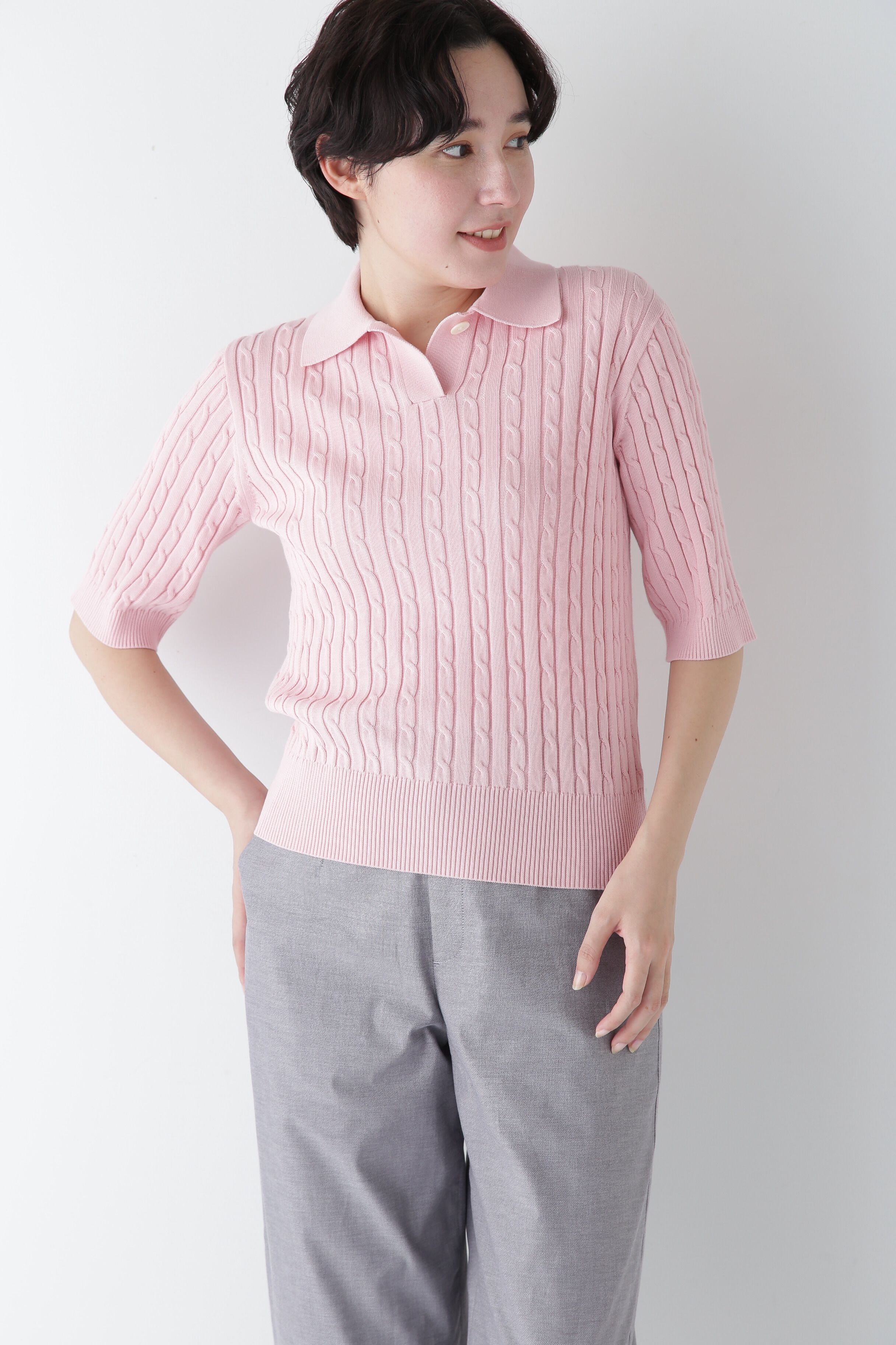  「◆【ウォッシャブル】コットンケーブル柄ポロニットプルオーバー」|ニット・セーター|ピンク