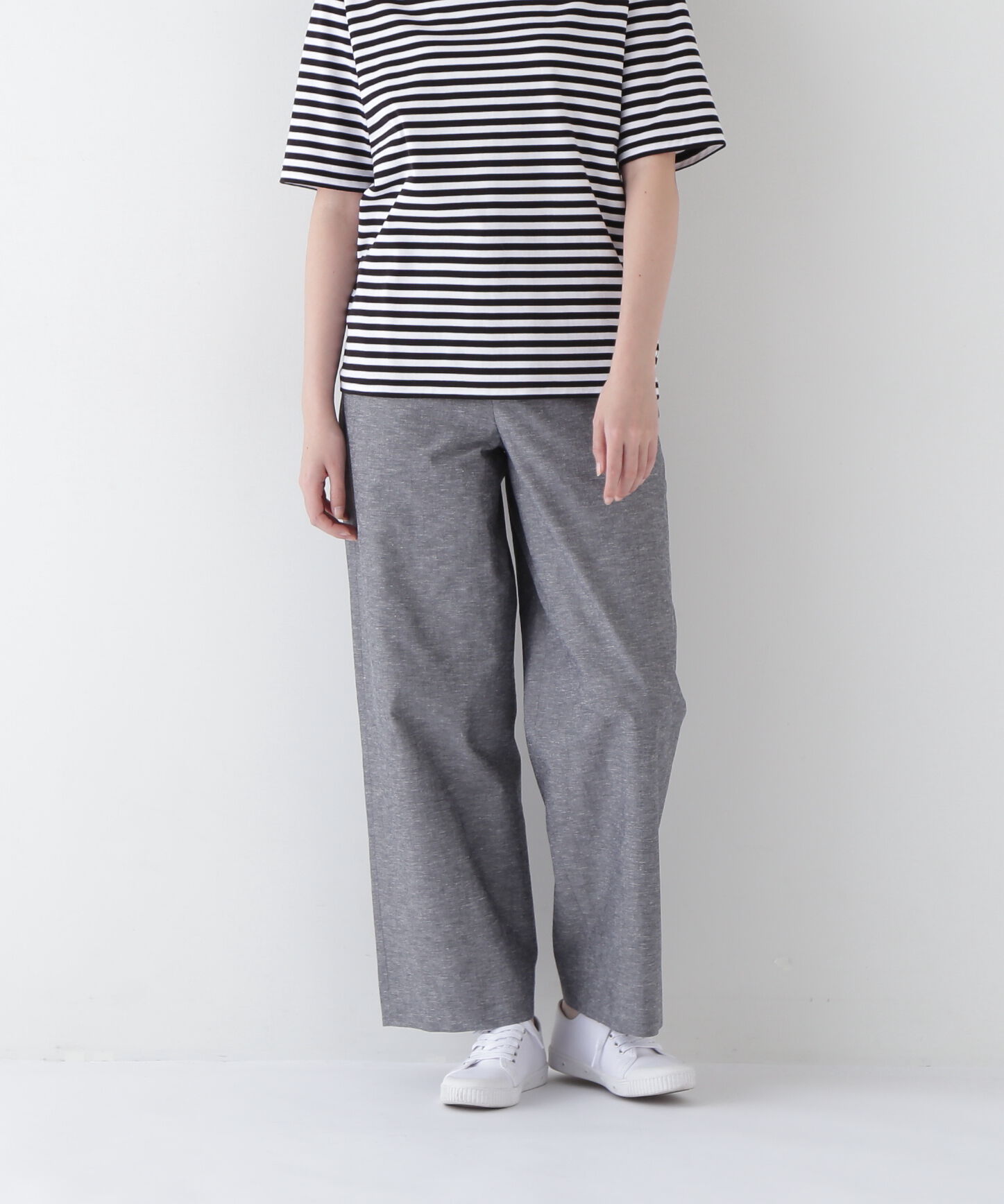  「◆綿麻シャンブレーセミワイドパンツ」|その他|ネイビー