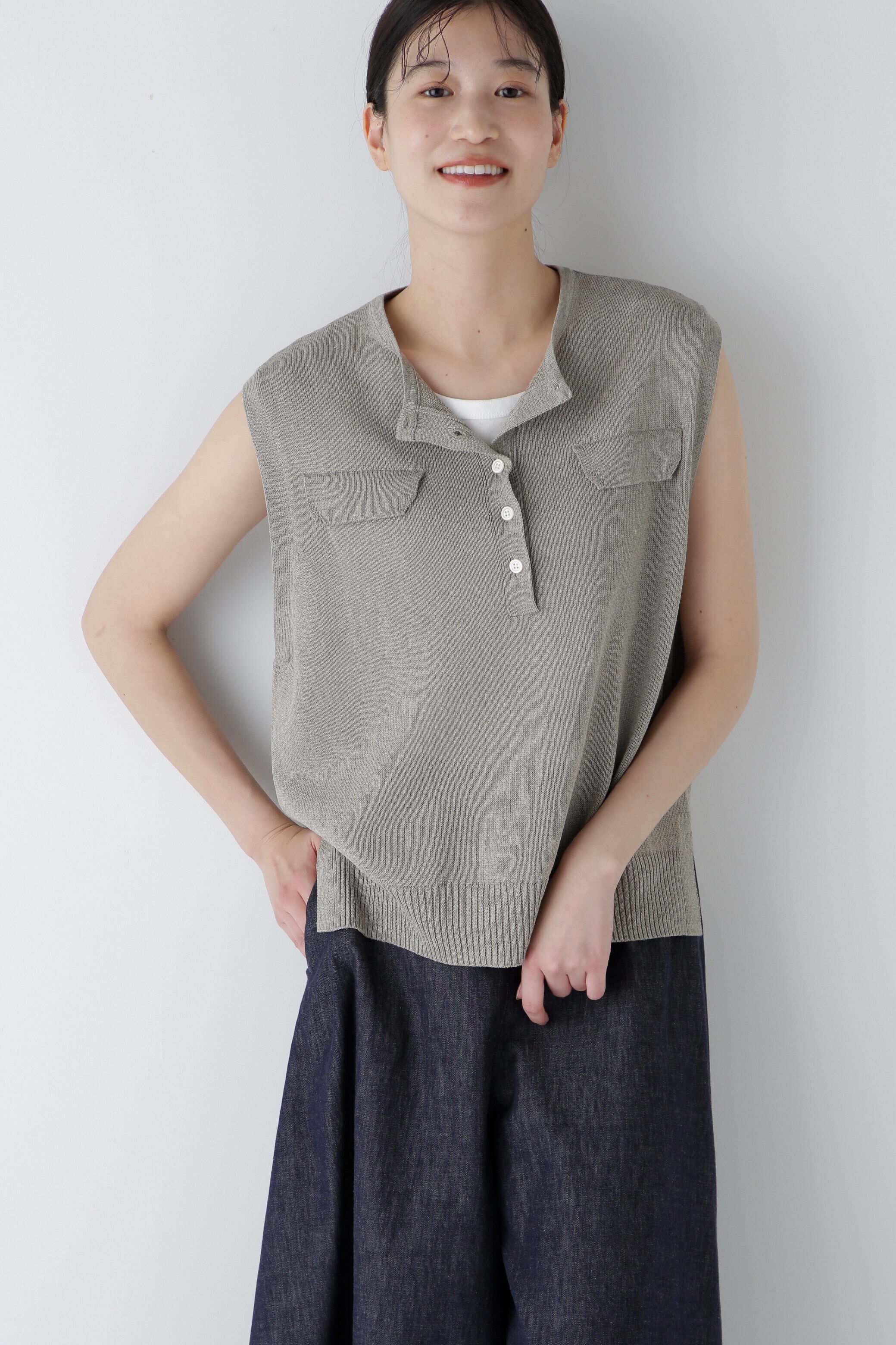  「◆【ウォッシャブル】ペーパーヤーンヘンリネックベスト」|ニット・セーター|カーキ