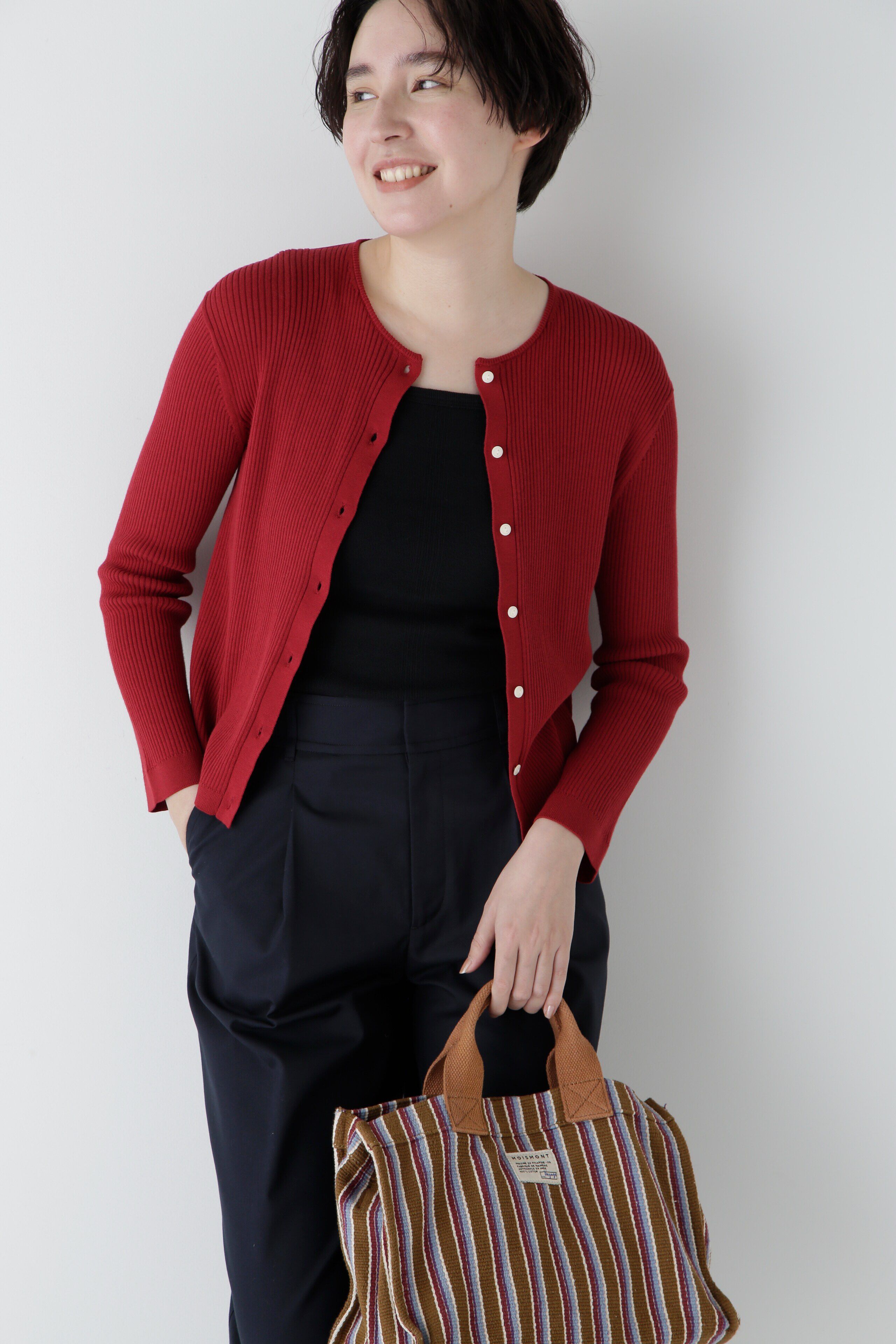  「◆【ウォッシャブル・UVカット】コットン混クルーカーディガン」|ニット・セーター|レッド