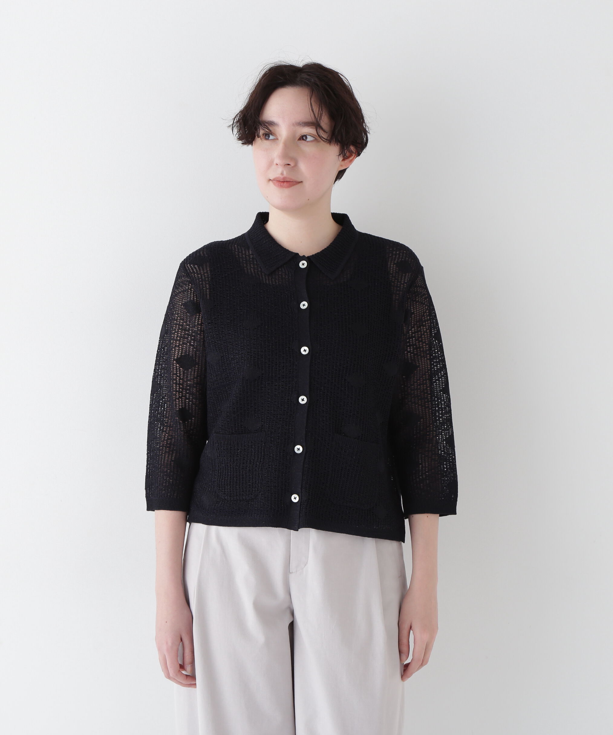  「◆【ウォッシャブル】ラメメッシュオープンカラーカーディガン」|ニット・セーター|