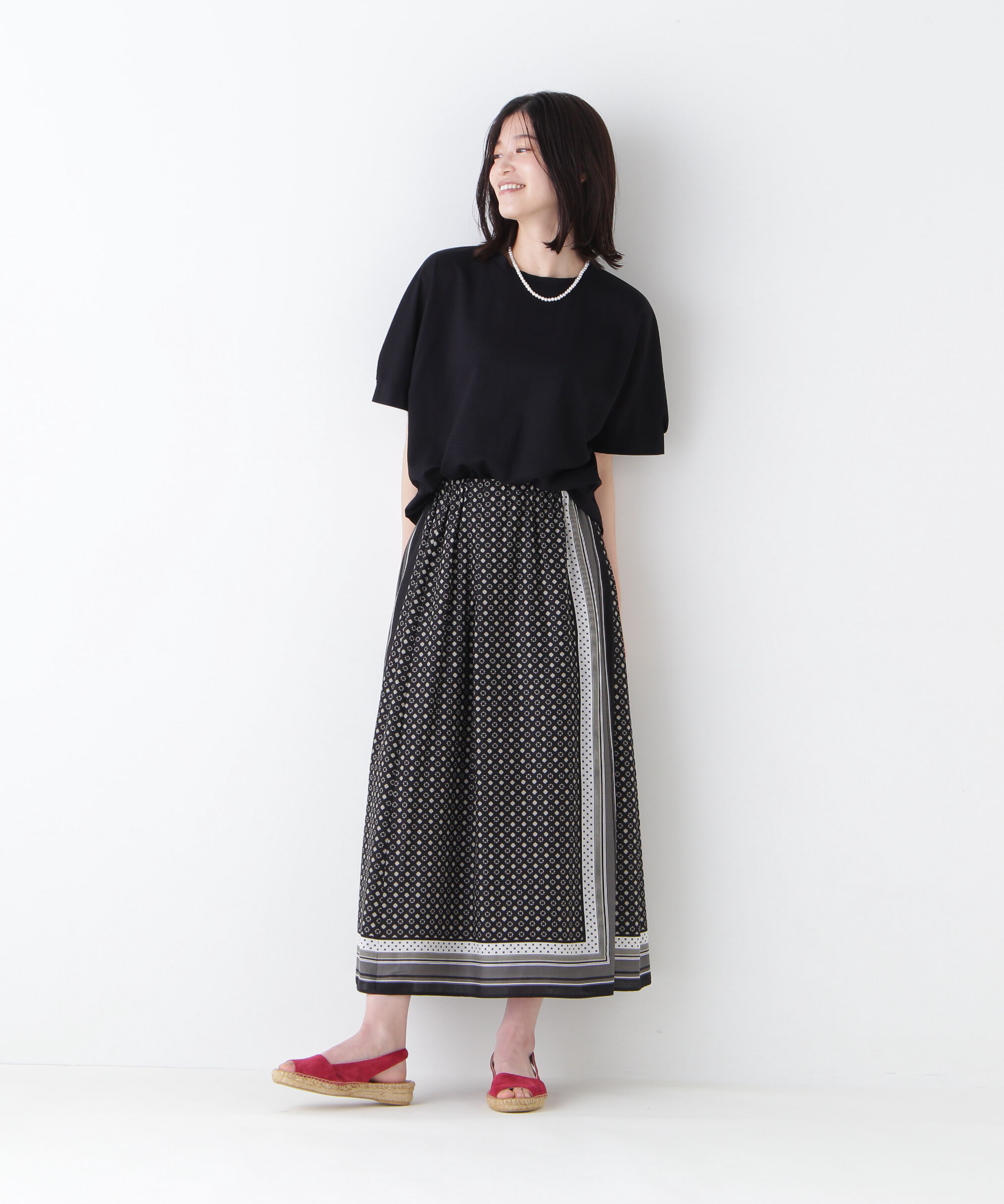  「◆コットンセルロースパネル幾何プリントラップライクスカート」|スカート|