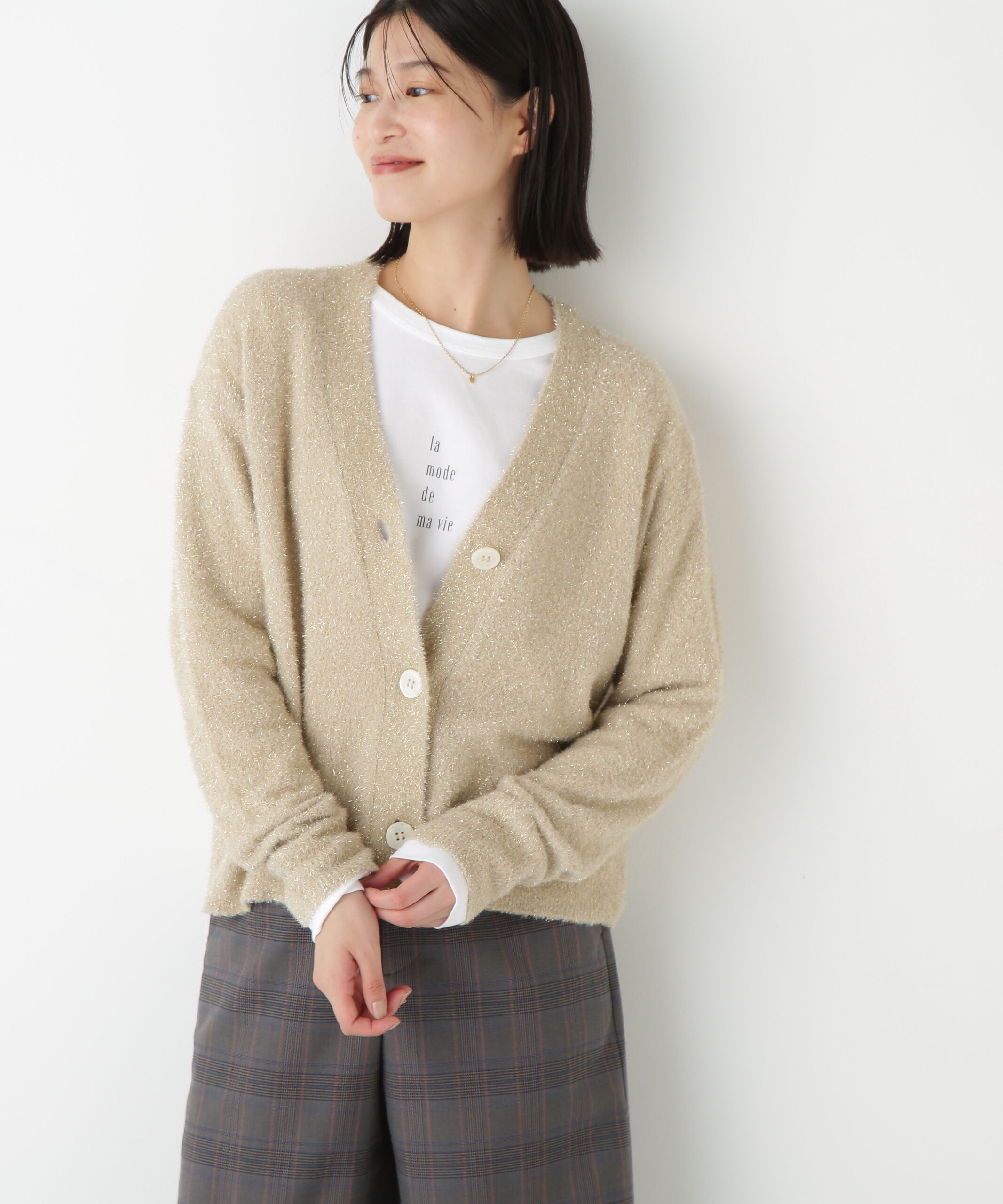  「◆ラメシャギーＶネックカーディガン」|ニット・セーター|ベージュ