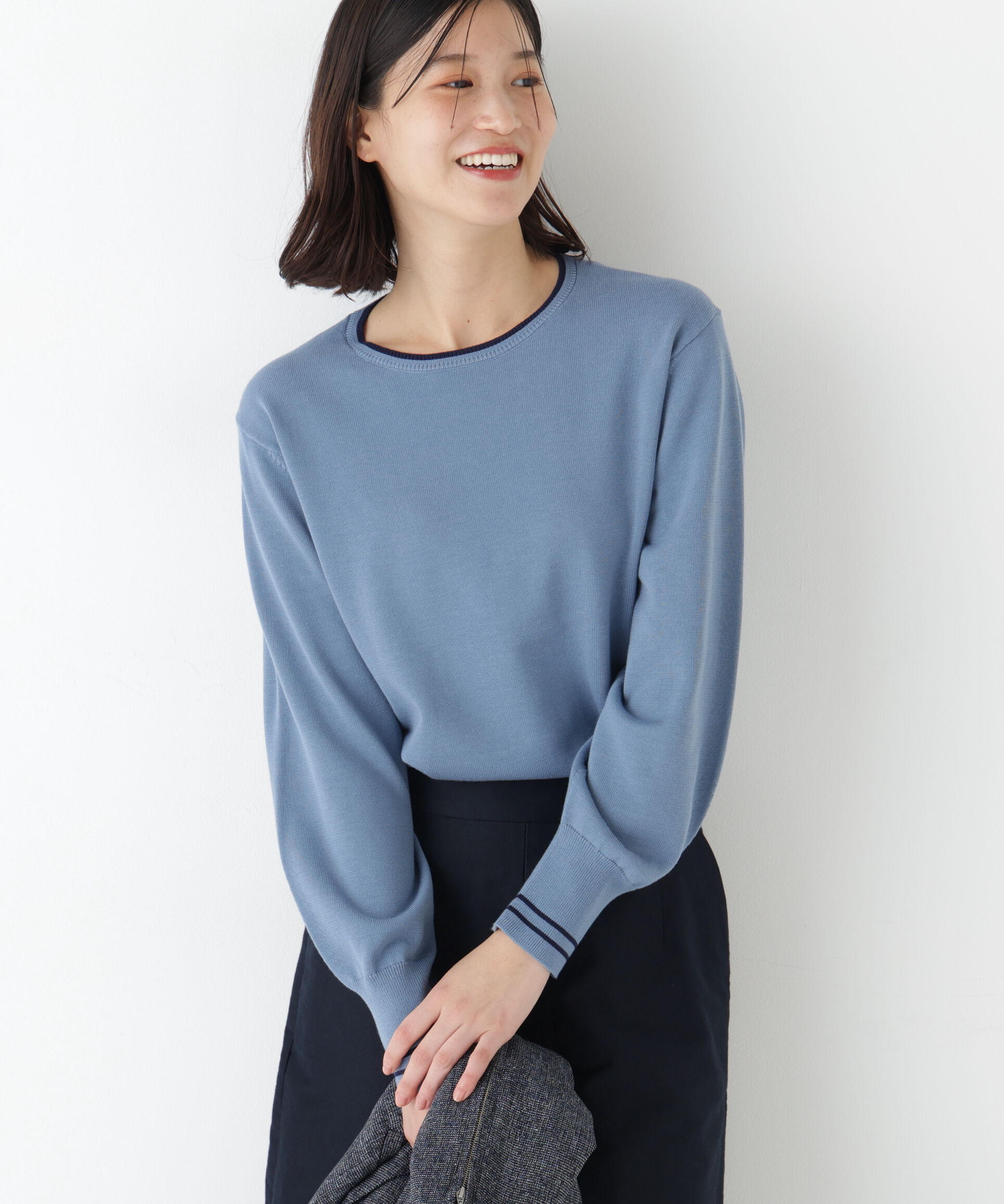  「◆《ウォッシャブル》オーガニックコットン混ライン入プルオーバー」|ニット・セーター|ブルー&times;ネイビ