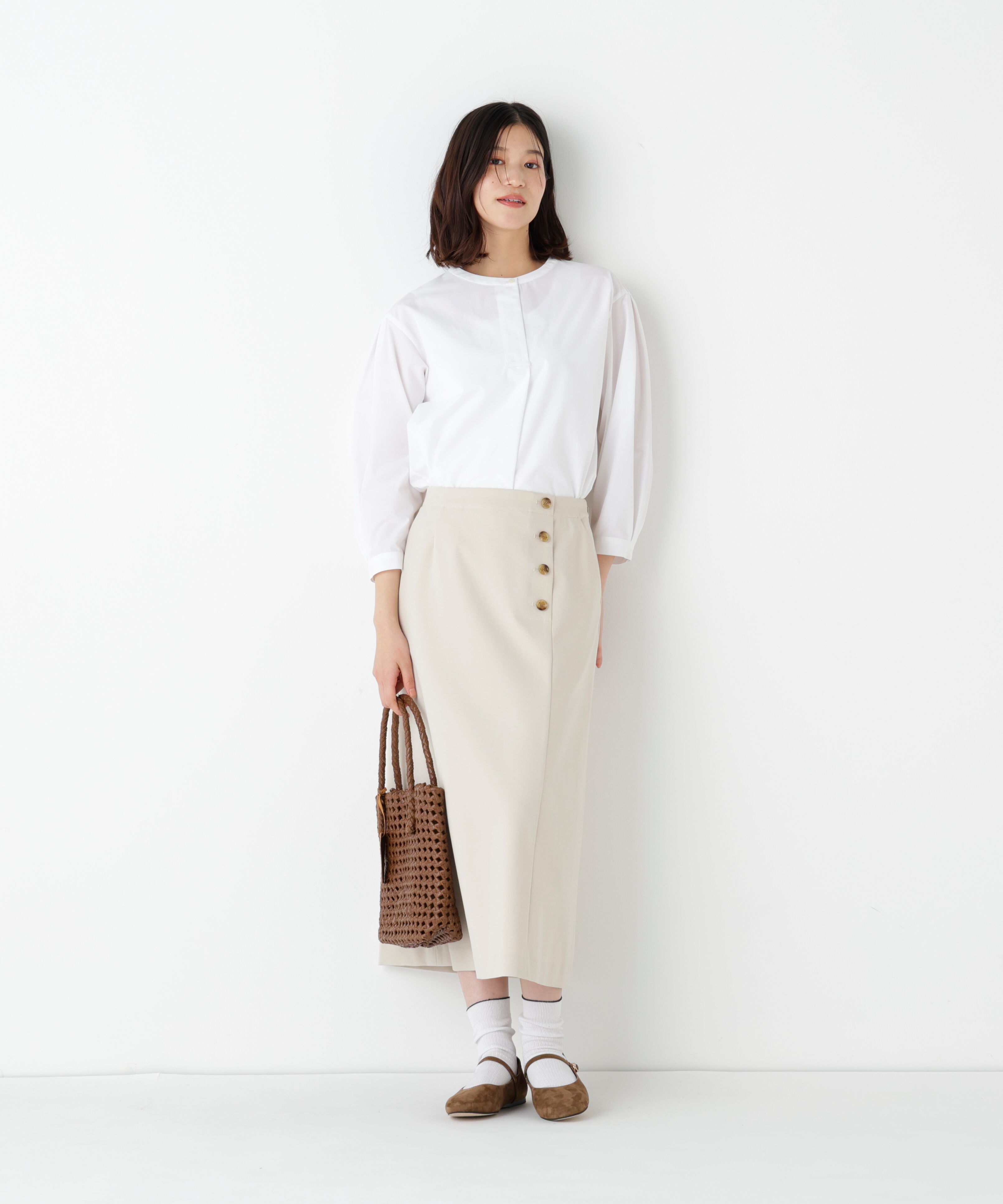  「◆《ウォッシャブル》綿ポリエステル先染ノーカラーブラウス」|シャツ・ブラウス|