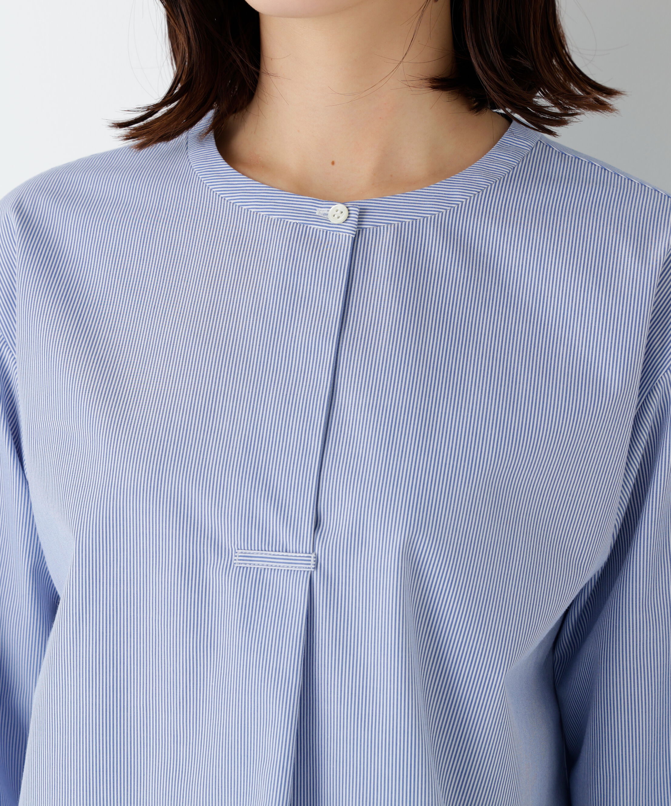  「◆《ウォッシャブル》綿ポリエステル先染ノーカラーブラウス」|シャツ・ブラウス|