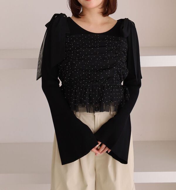 archives「ラインストーンチュールビスチェ&times;リブニットＳＥＴ」|カーディガン|BLACK