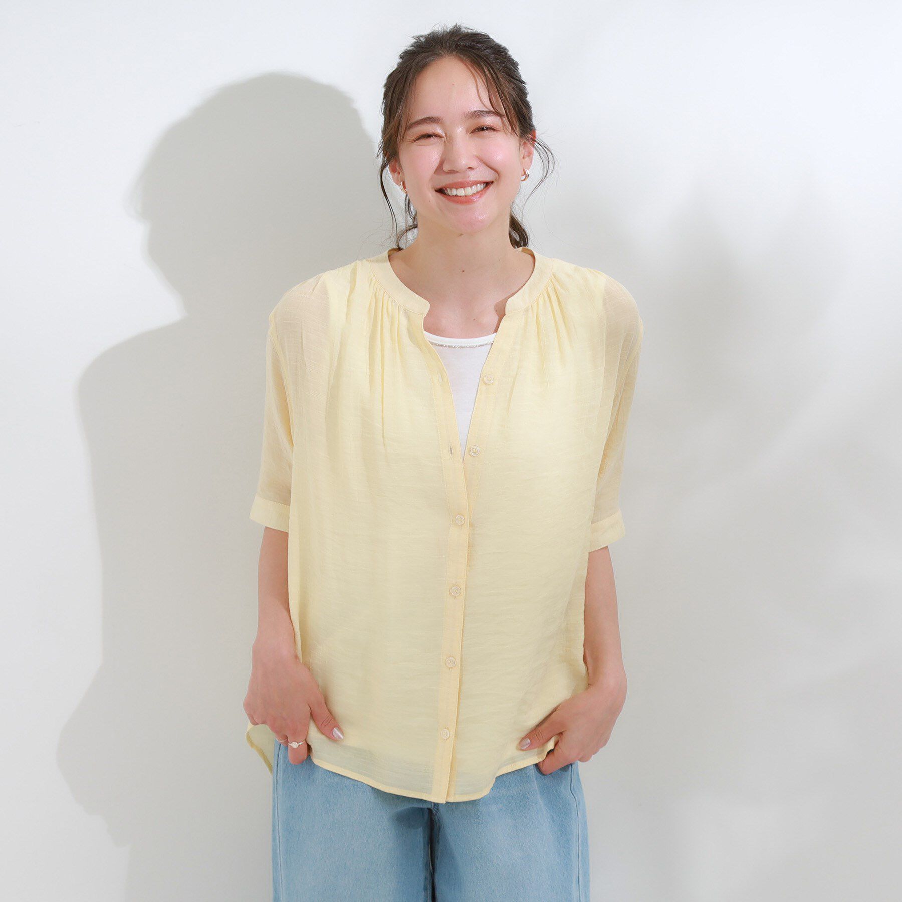 SHOO･LA･RUE「【S-LL/2点セット】着るだけでコーデが決まる 麻調5分袖ブラウス＋タンクトップ」|シャツ・ブラウス|