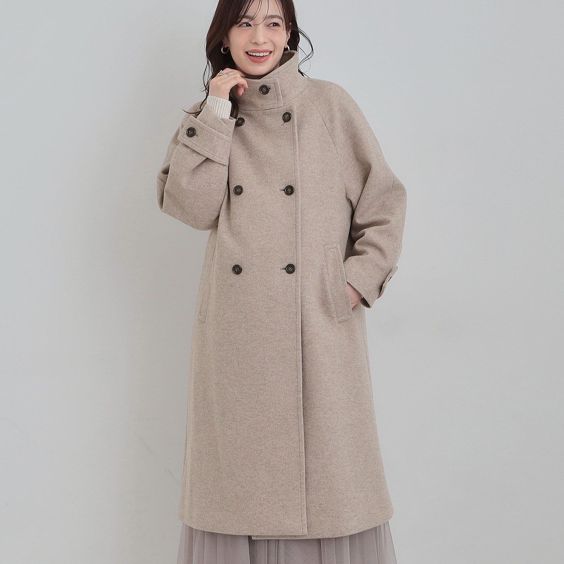SHOO･LA･RUE「【S-LL】大人のきれいめスタイルに ウール調スタンドロングコート」|その他|ベージュ(052)
