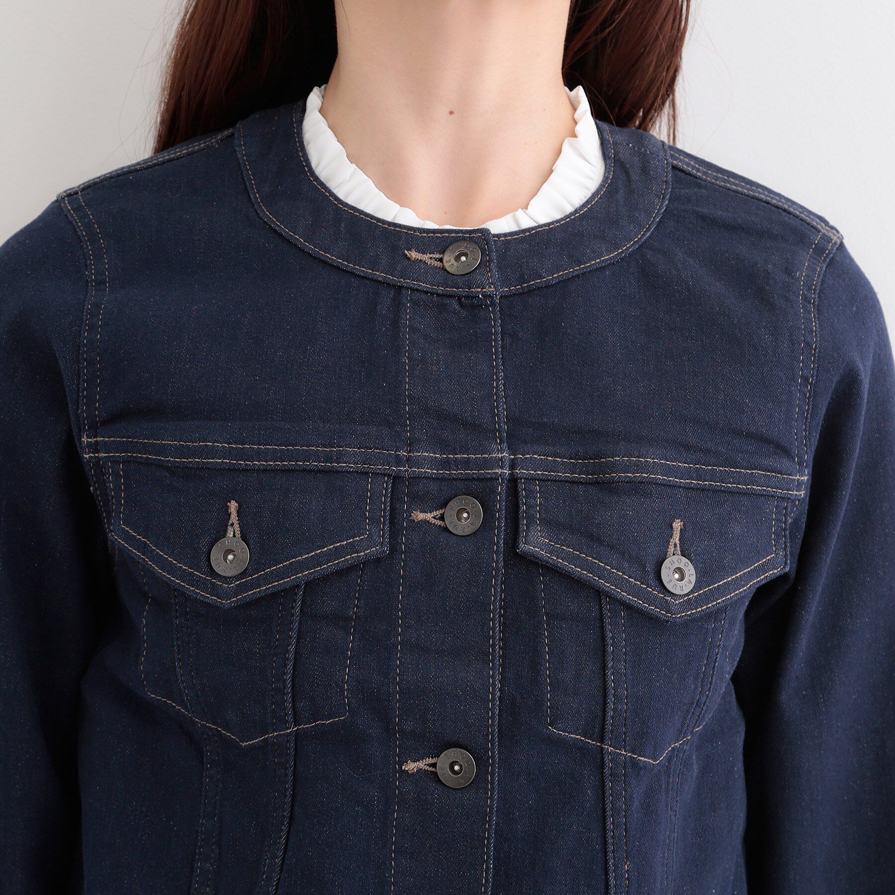 SHOO･LA･RUE「【SHOO・LA・RUE DENIM/S-LL/高レビュー】大人のための ノーカラーデニムジャケット」|デニムジャケット|