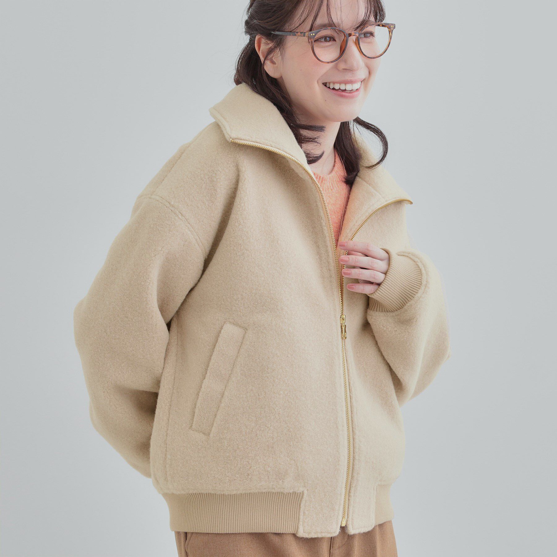 SHOO･LA･RUE「【S-LL】軽くてふんわりあたたかい スライバージャケット」|ブルゾン・スタジャン|ピンクベージュ(05