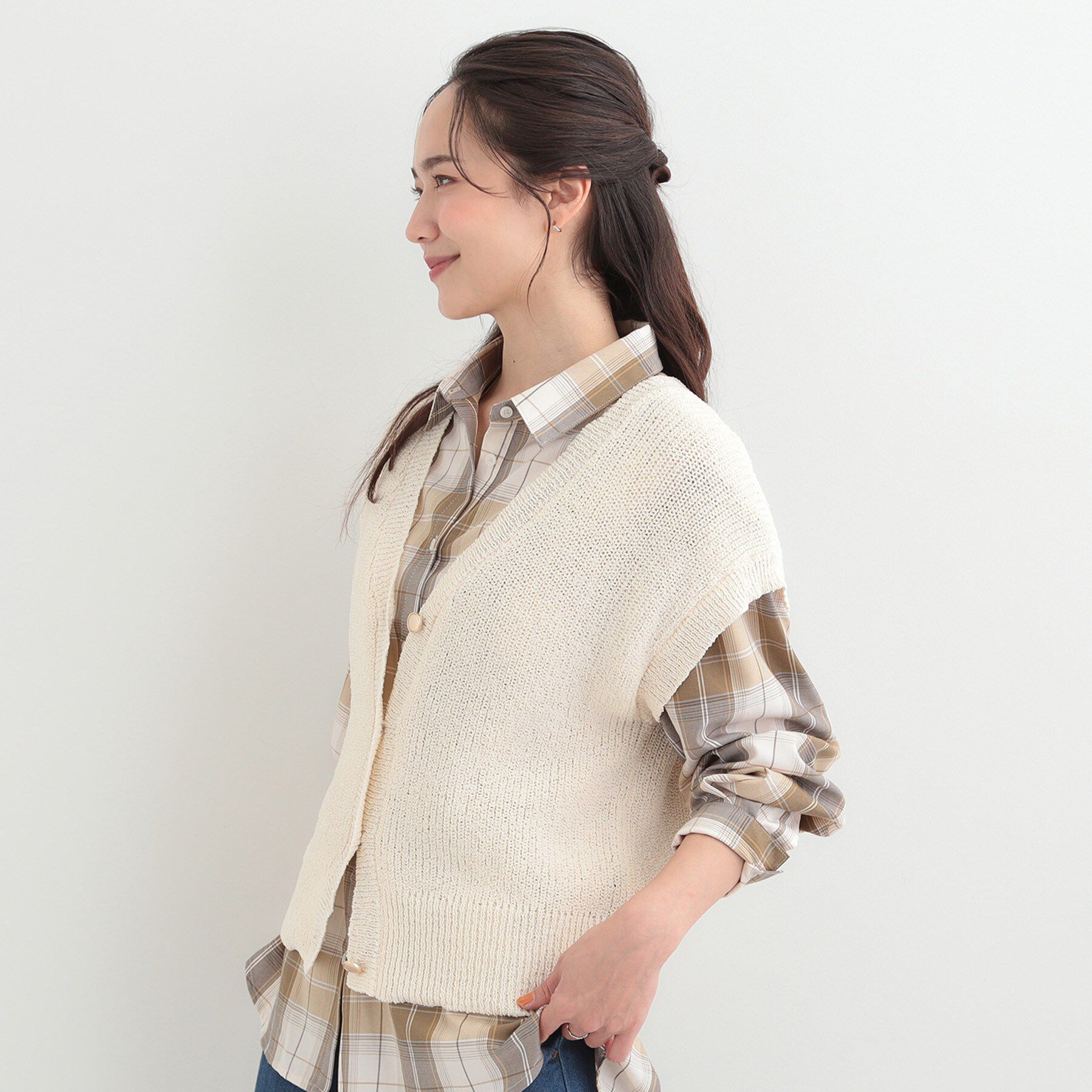 SHOO･LA･RUE「【S-LL/洗濯機可】気軽にレイヤード 前開きざっくりニットベスト」|ベスト・ジレ|