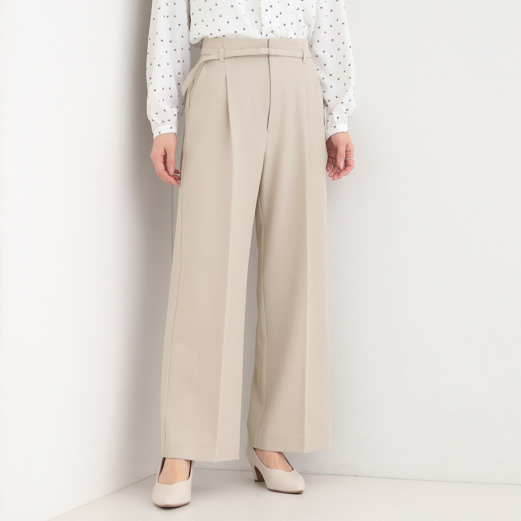 SHOO･LA･RUE「【通勤/セットアップ可/洗濯機可/SS-LL】センタープレスできちんと見え ベルト付きワイドパンツ」|その他|グレージュ(050)