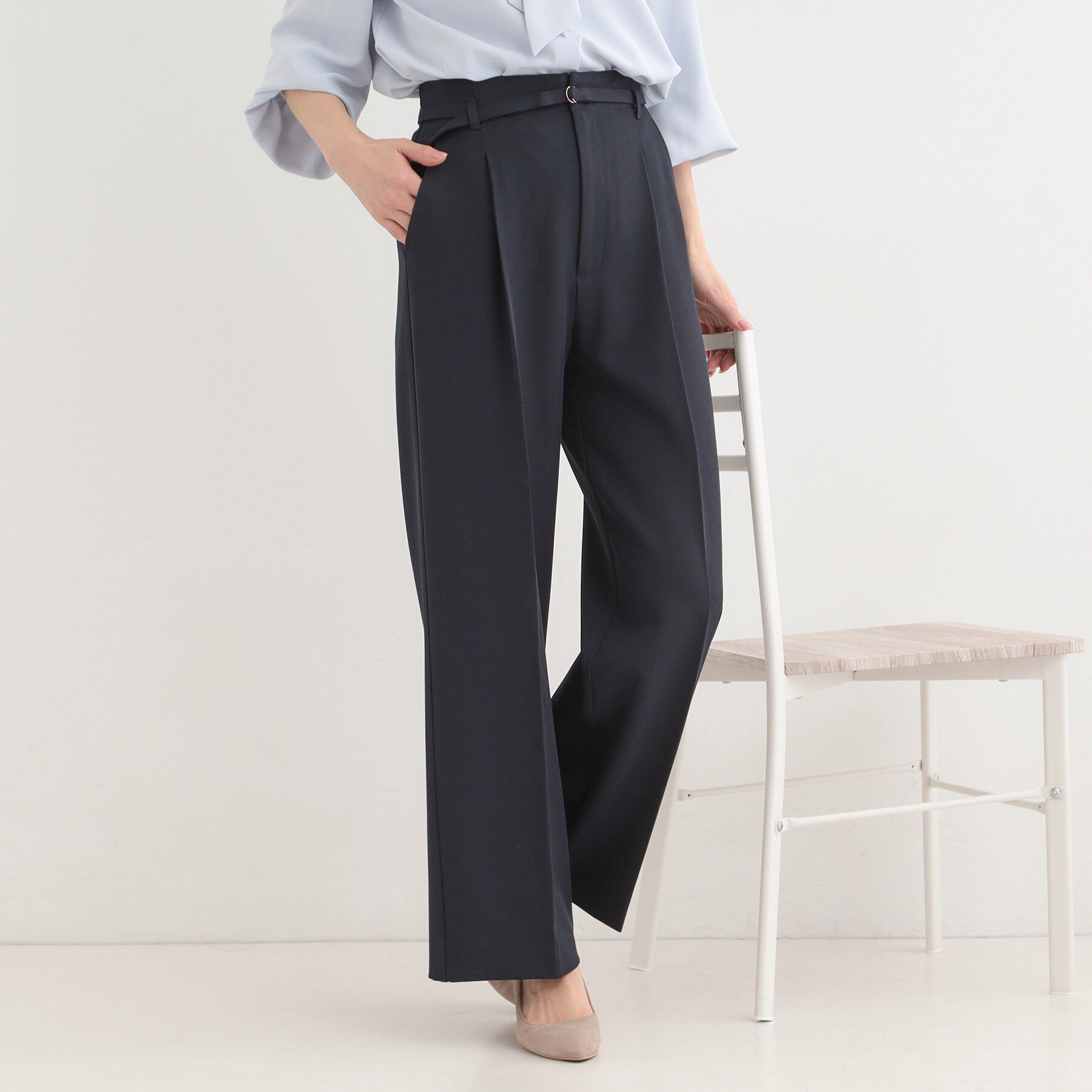 SHOO･LA･RUE「【通勤/セットアップ可/洗濯機可/SS-LL】センタープレスできちんと見え ベルト付きワイドパンツ」|その他|ネイビー(094)