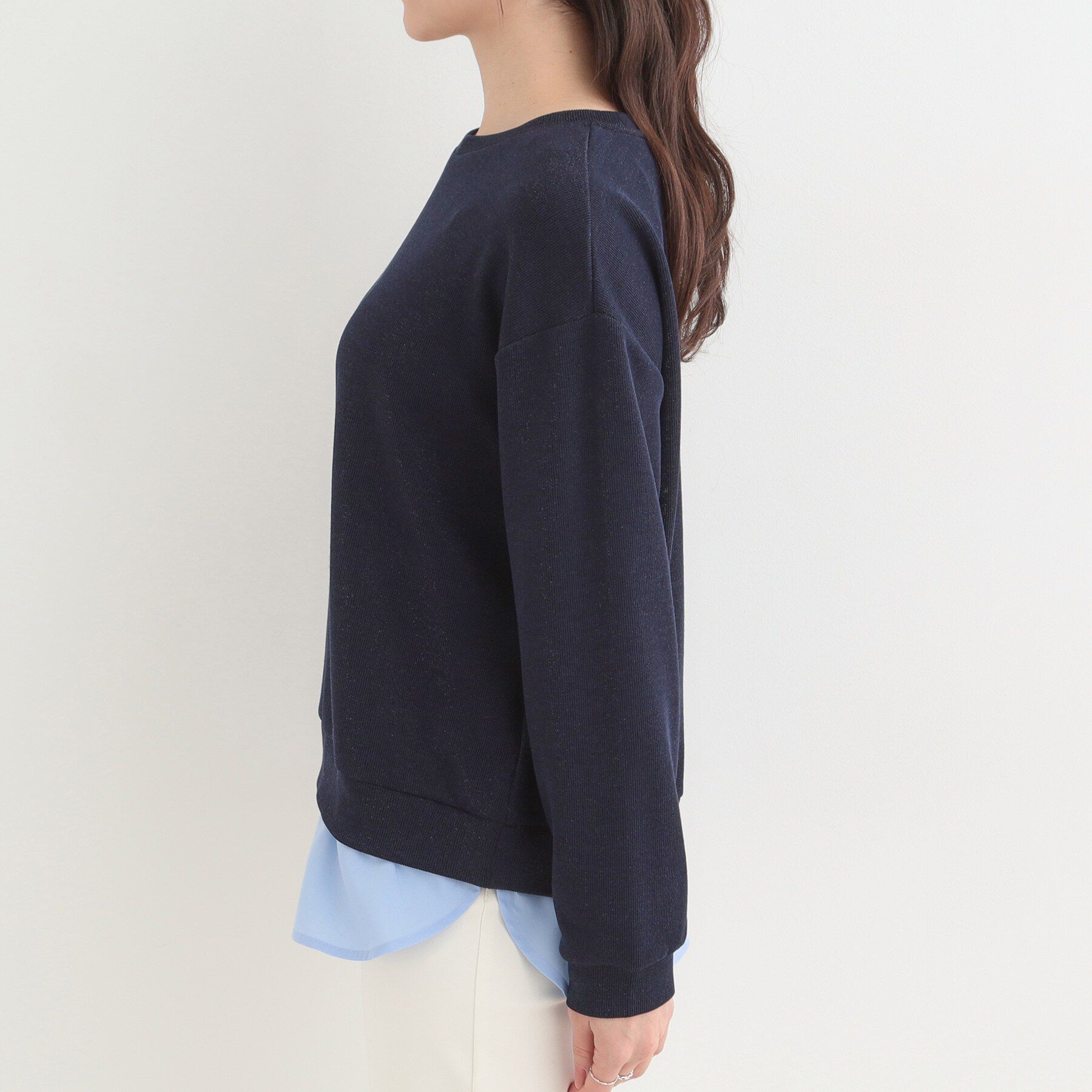 SHOO･LA･RUE「【洗濯機可】1枚でサマ見え ラメニットソー レイヤード風トップス」|Tシャツ・カットソー|