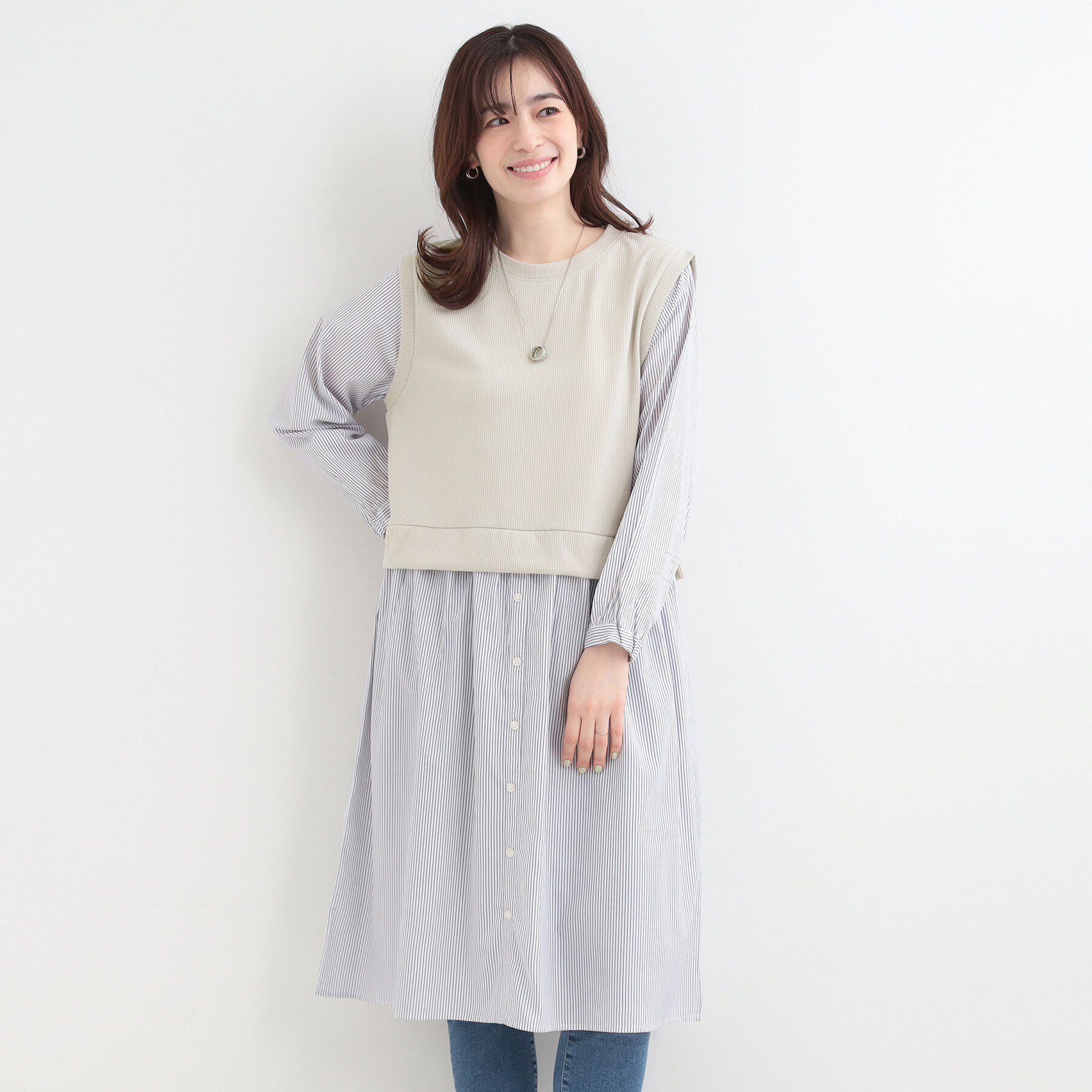 SHOO･LA･RUE「【S-LL/体型カバー】ストライプが爽やか　ベストドッキングシャツワンピース」|ワンピース|