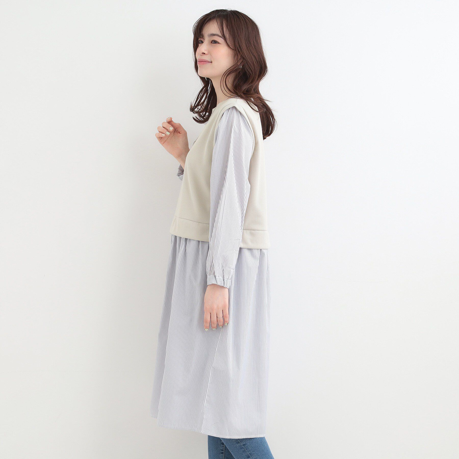 SHOO･LA･RUE「【S-LL/体型カバー】ストライプが爽やか　ベストドッキングシャツワンピース」|ワンピース|