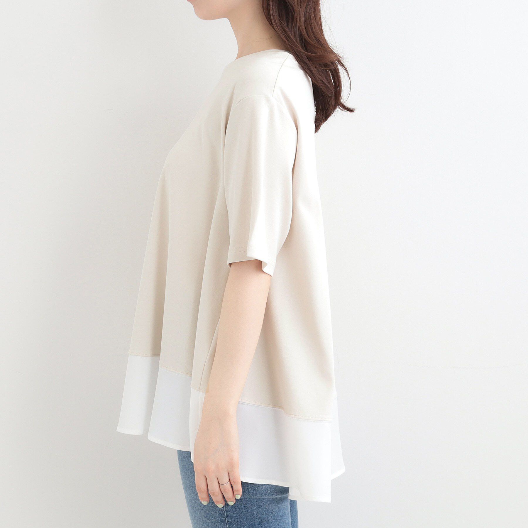 SHOO･LA･RUE「【接触冷感/UVカット/抗菌防臭】体型カバーも叶う　裾切り替えAライントップス」|Tシャツ・カットソー|