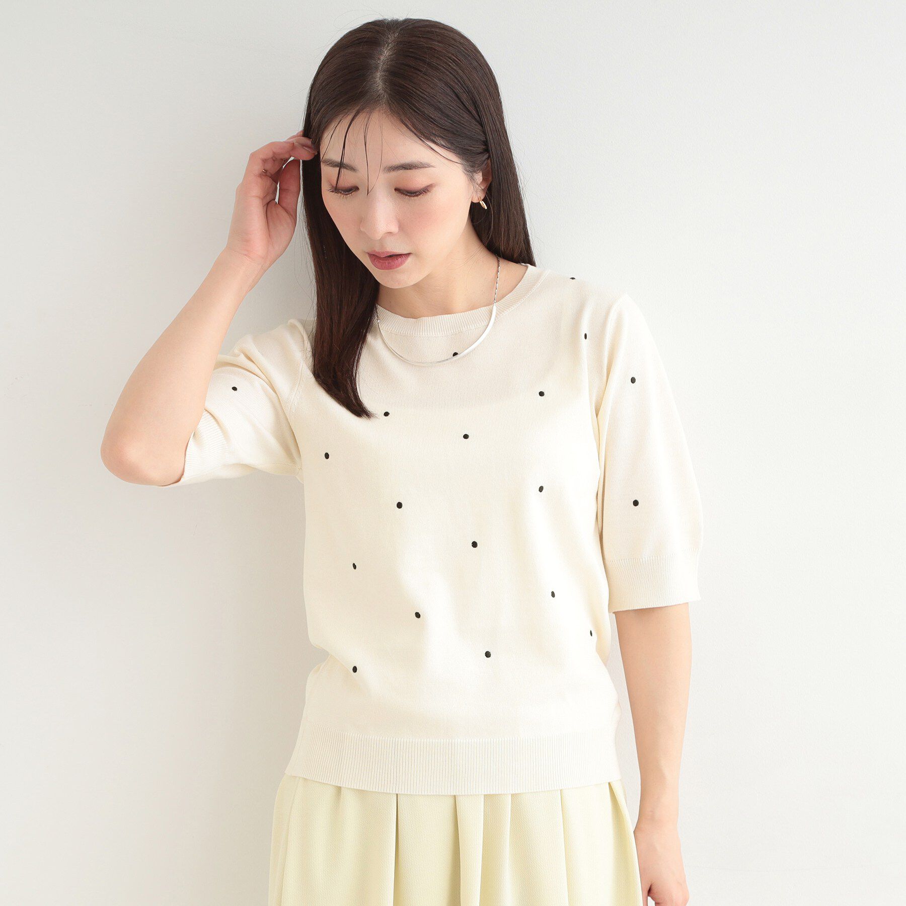 SHOO･LA･RUE「【S-LL/二の腕カバー】品よく隠せる　ドット刺繍5分袖ニット」|ニット・セーター|