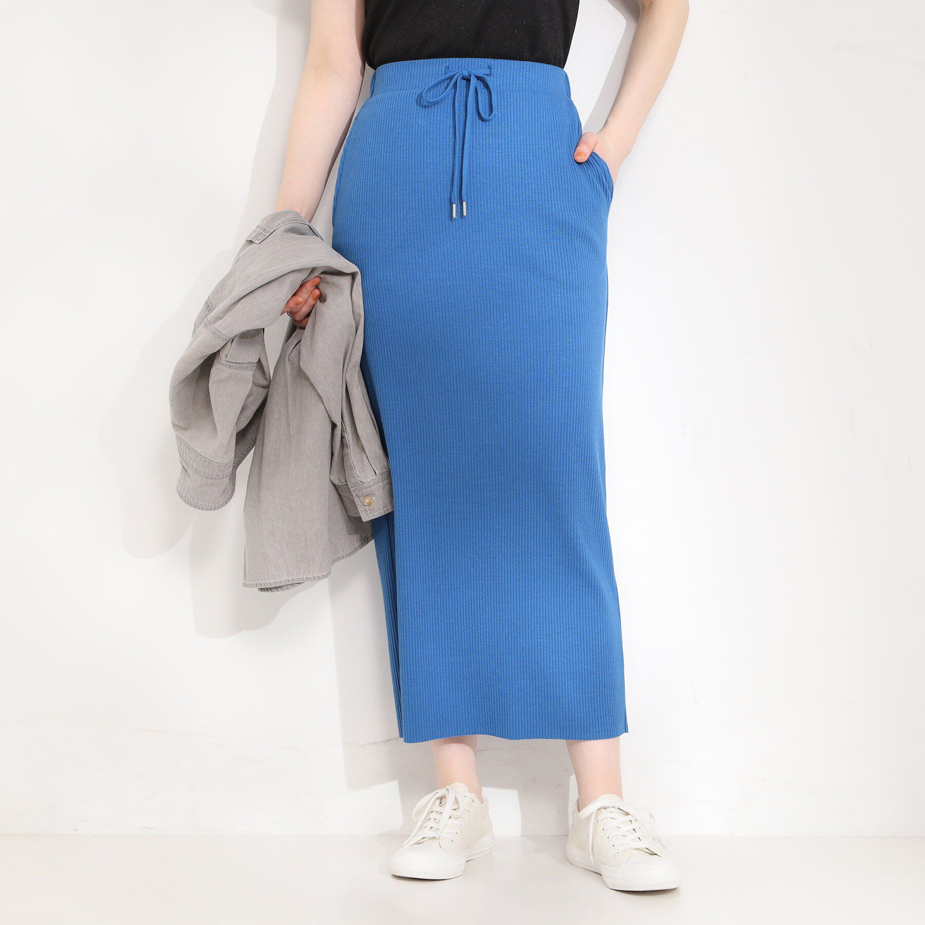 SHOO･LA･RUE「【セルフカット可能/洗濯機可/S-LL】テレコナロースカート」|スカート|ブルー(092)