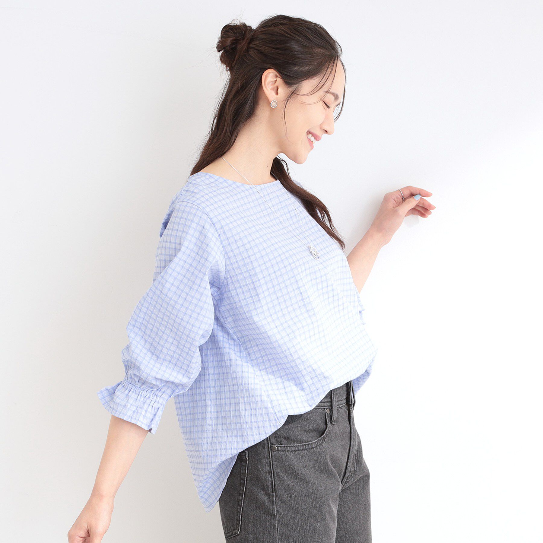 SHOO･LA･RUE「【セットアップ可/S-LL/洗濯機可】二の腕もカバーしてくれる　さらっとした着心地のサッカーチェック」|シャツ・ブラウス|