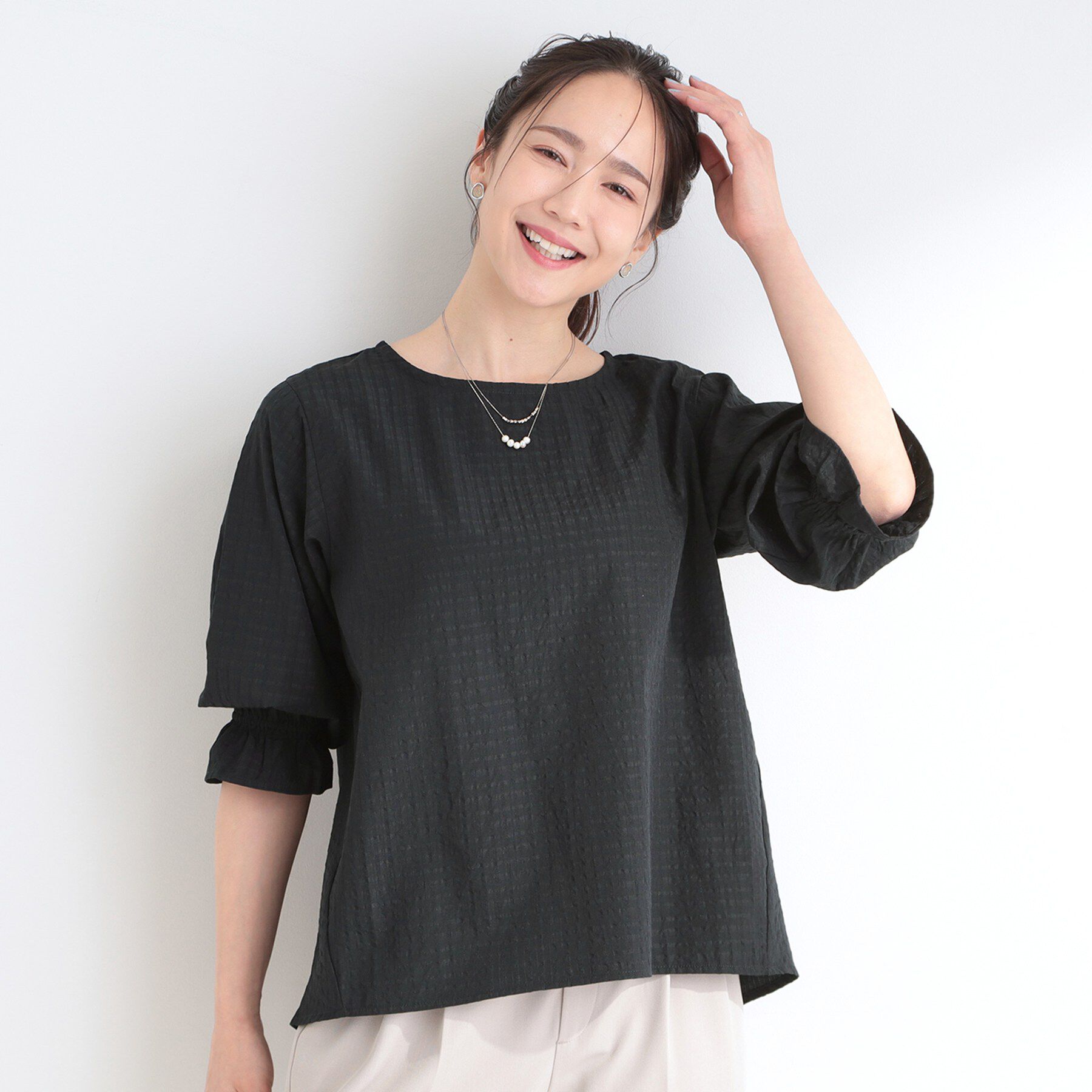 SHOO･LA･RUE「【セットアップ可/S-LL/洗濯機可】二の腕もカバーしてくれる　さらっとした着心地のサッカーチェック」|シャツ・ブラウス|