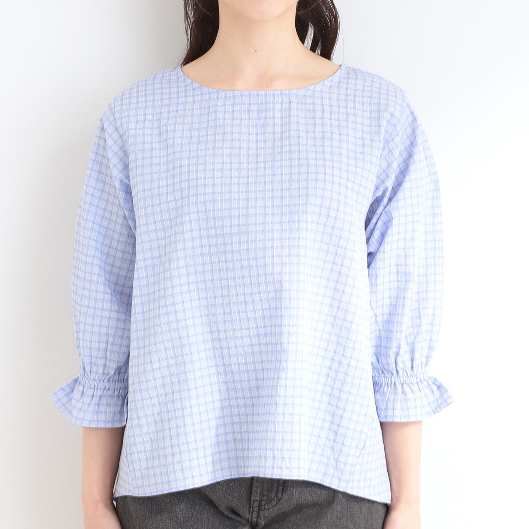 SHOO･LA･RUE「【セットアップ可/S-LL/洗濯機可】二の腕もカバーしてくれる　さらっとした着心地のサッカーチェック」|シャツ・ブラウス|