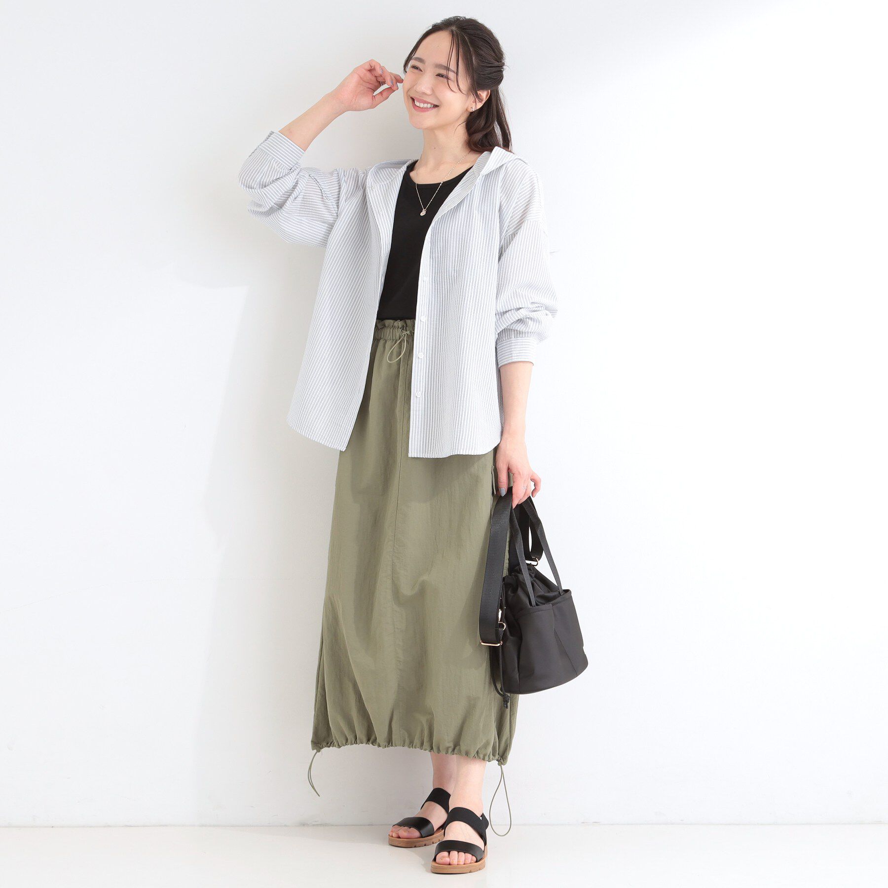 SHOO･LA･RUE「【洗濯機可/S-LL】体型カバーも叶う フード付きストライプシャツ」|シャツ・ブラウス|