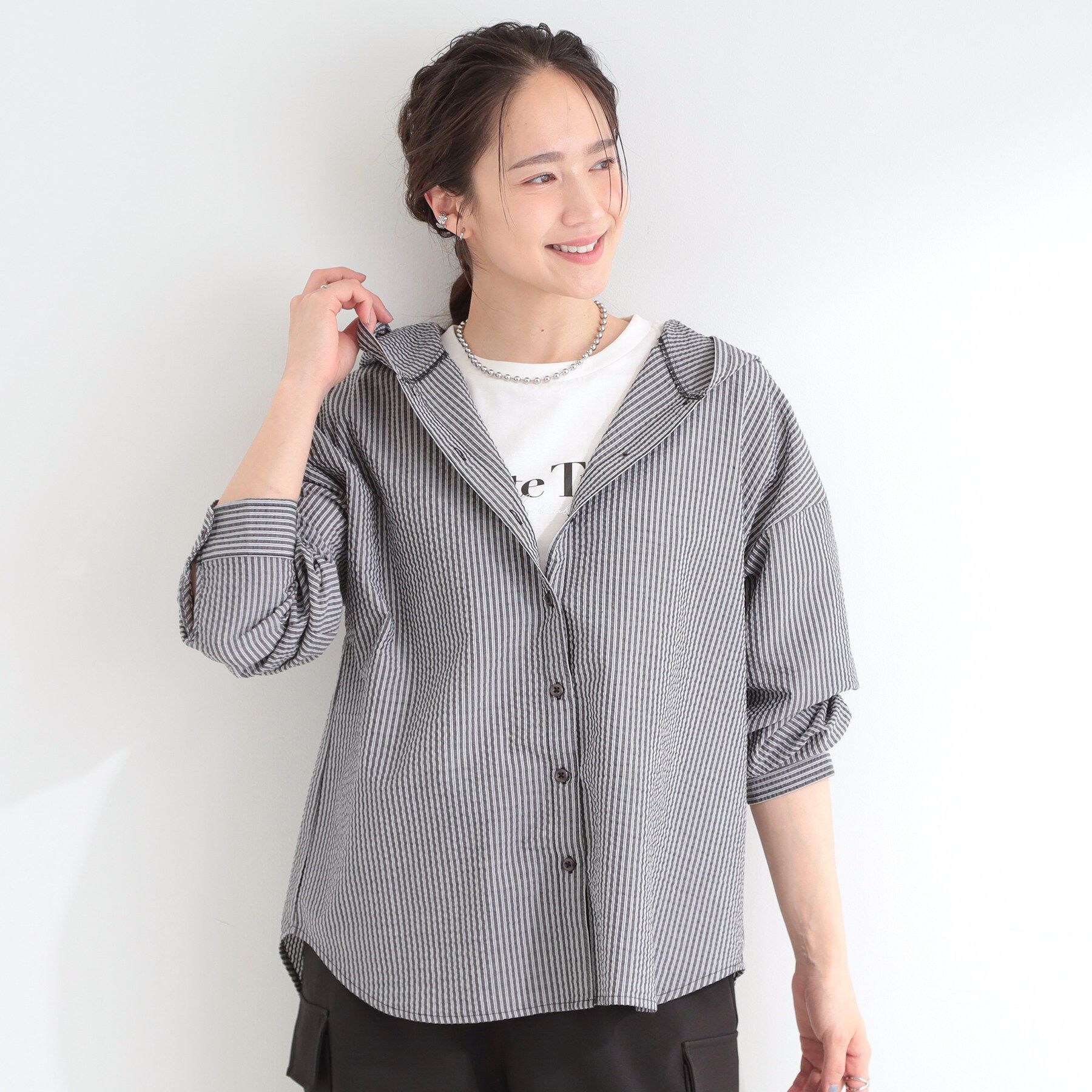 SHOO･LA･RUE「【洗濯機可/S-LL】体型カバーも叶う フード付きストライプシャツ」|シャツ・ブラウス|