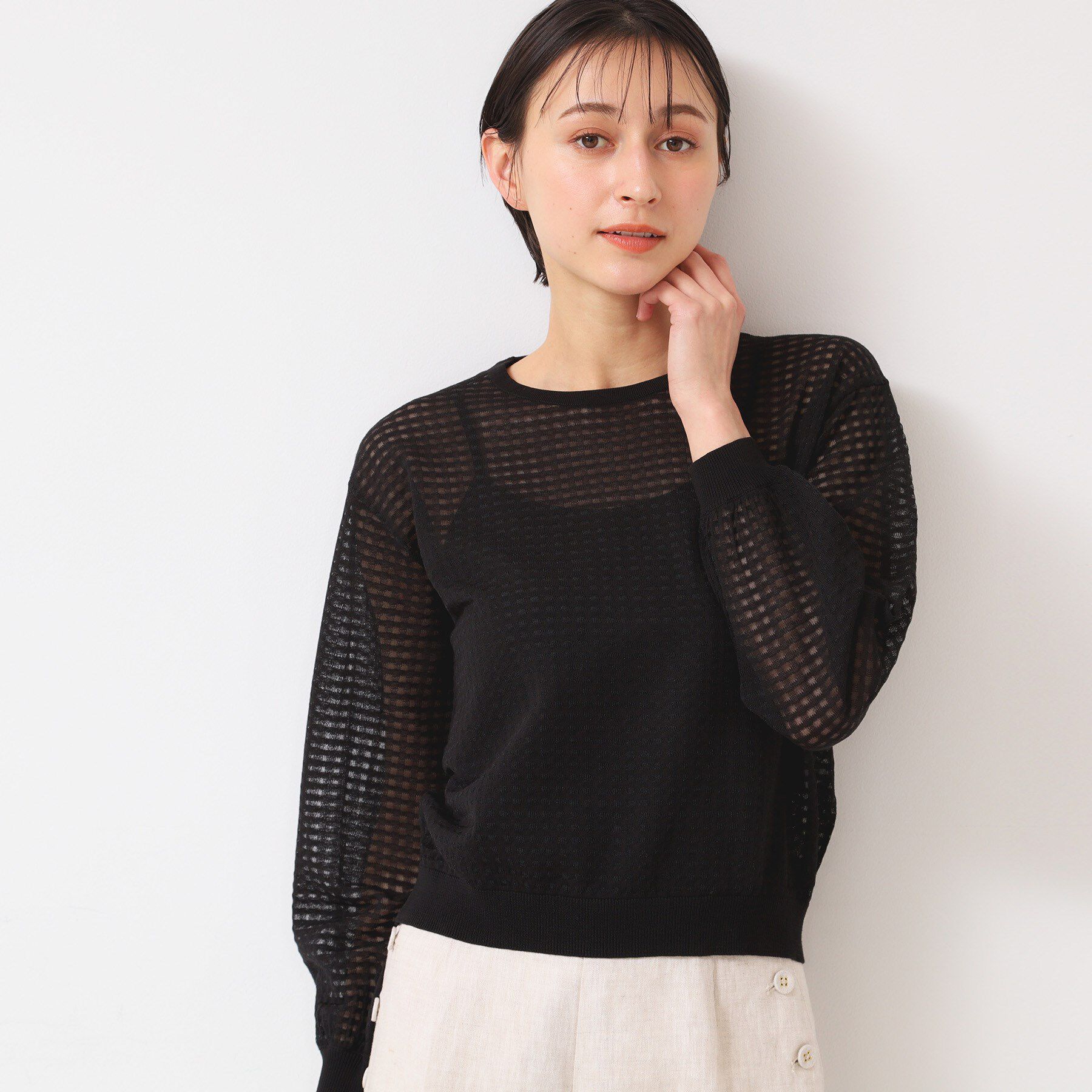 Dessin「【洗える】チェック柄シアーニット」|ニット・セーター|ブラック(019)
