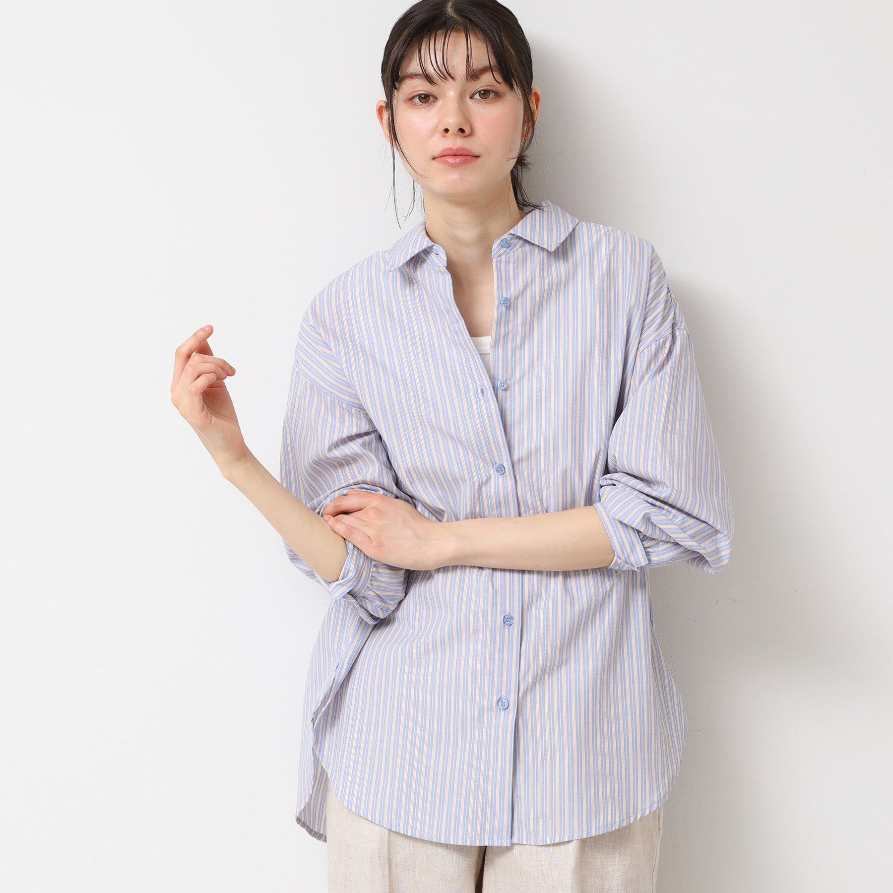 Dessin「【洗える】ロゴ刺繍入りストライプオーバーシャツ」|シャツ・ブラウス|