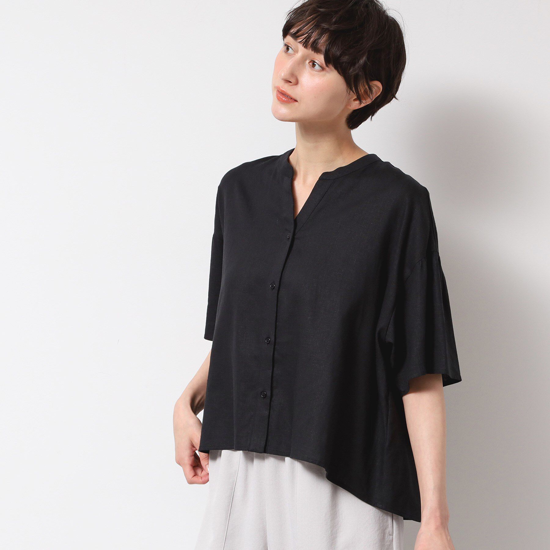 Dessin「【二の腕カバー・洗える】リネンブレンド袖切り替えブラウス」|シャツ・ブラウス|