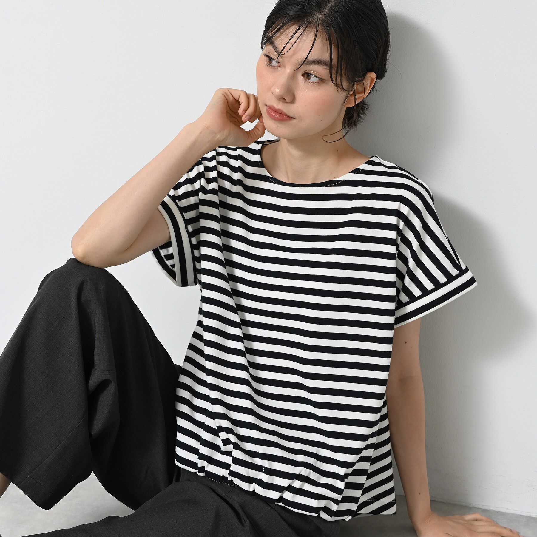 Dessin「【二の腕カバー／UVカット】ロールアップスリーブ裾ギャザーカットソー」|Tシャツ・カットソー|ネイビー(394)