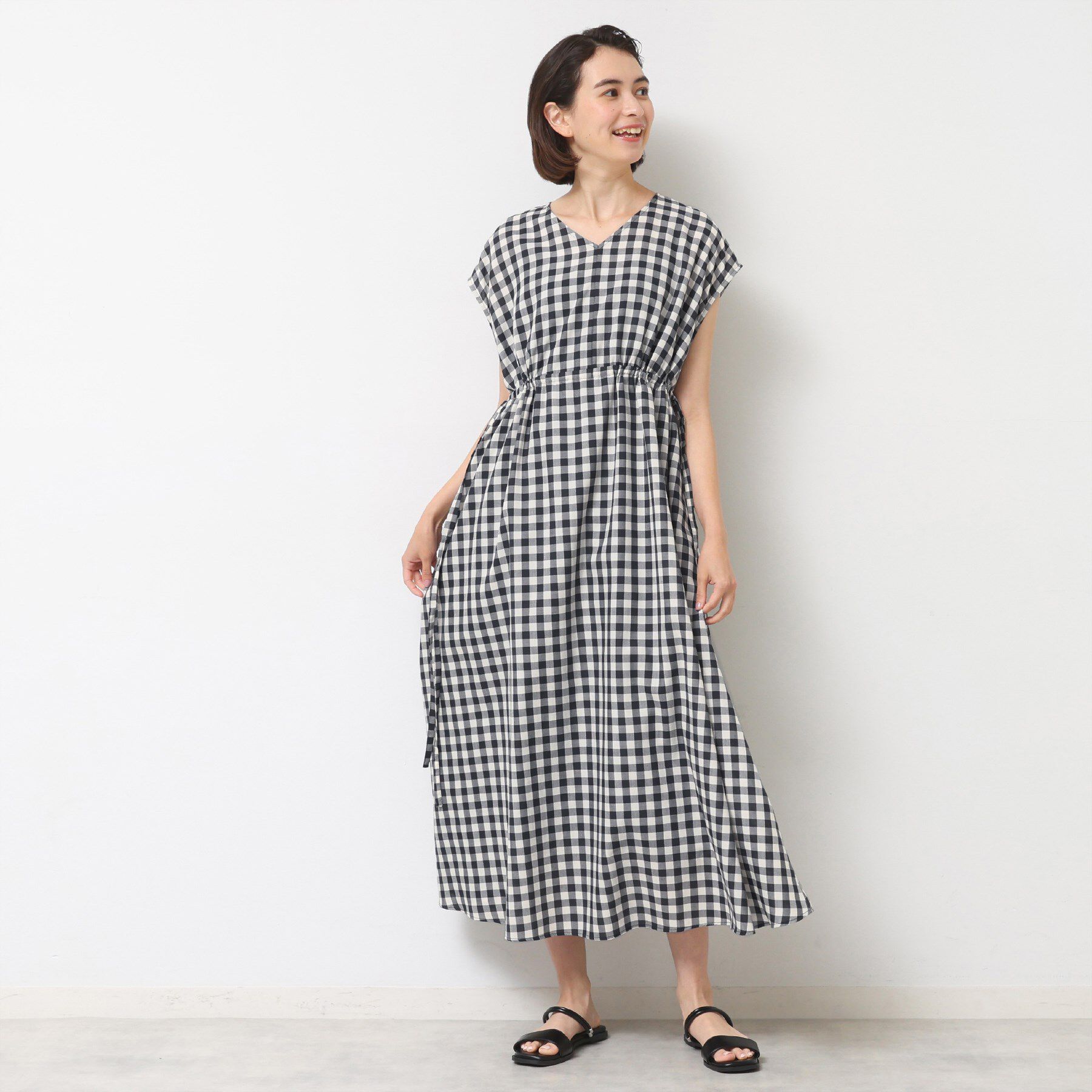 Dessin「【リンクコーデ・洗える】ウエストドロスト付きチェック柄ワンピース」|ワンピース|