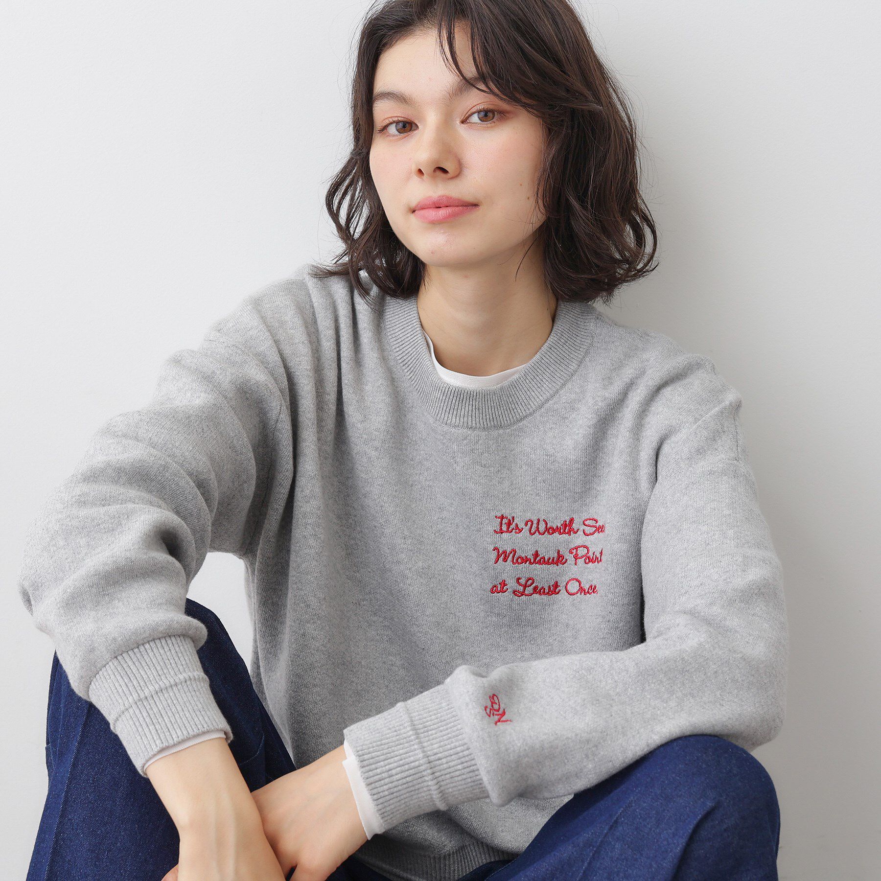 Dessin「【洗える】メッセージ刺繍入りジャカードニット」|ニット・セーター|グレー(012)