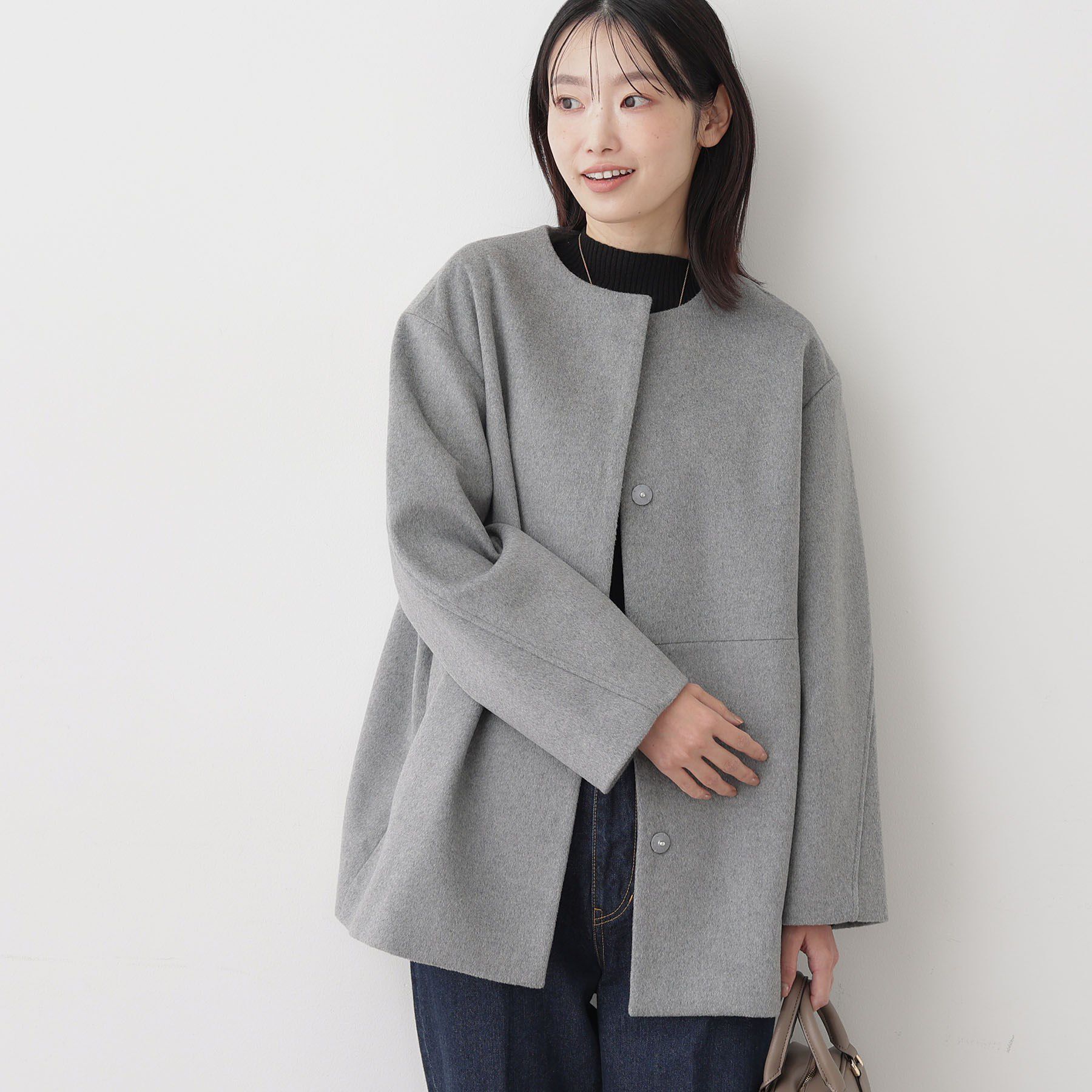 Dessin「ウール混クルーネックコート」|ノーカラーコート|グレー(012)