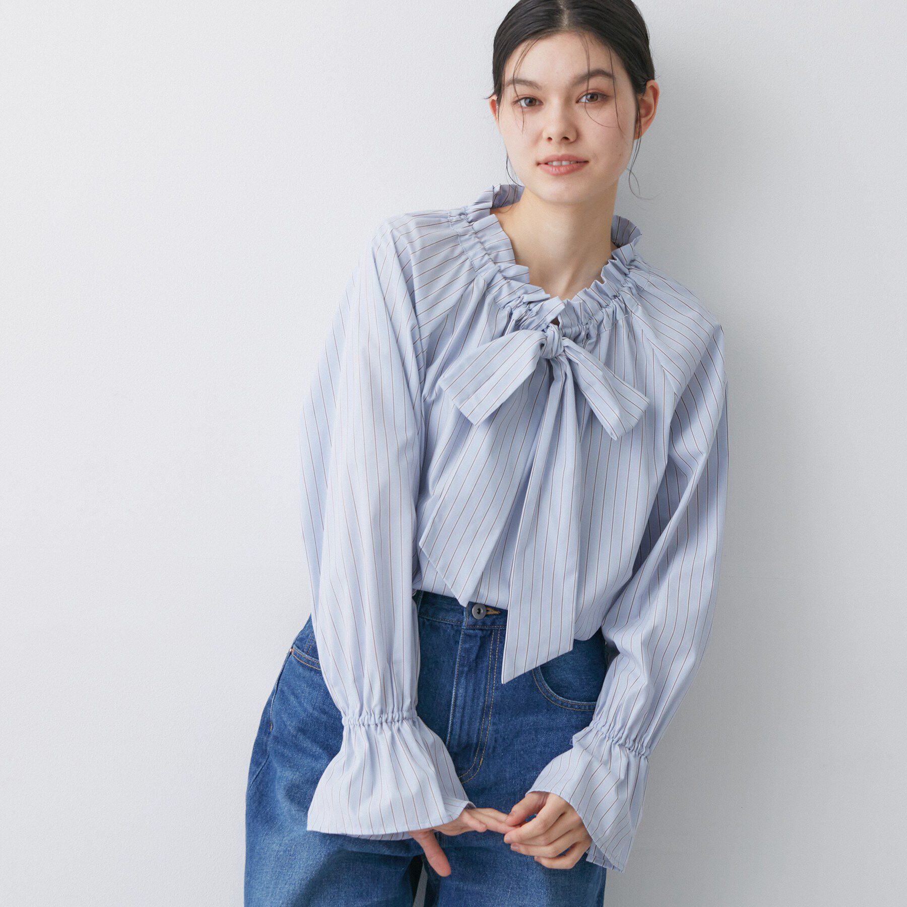 Dessin「【洗える】フリルボウタイストライプブラウス」|シャツ・ブラウス|