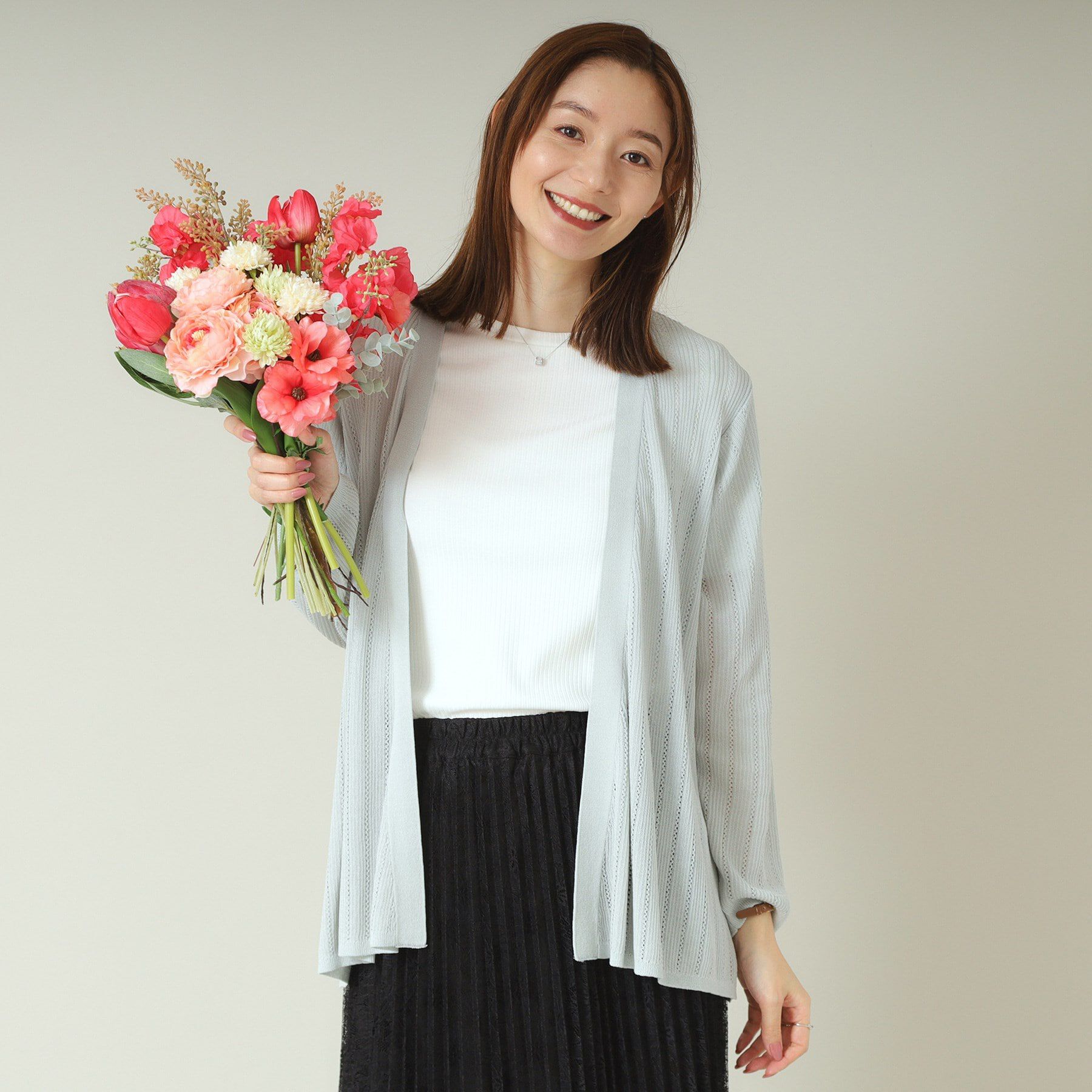 ITS&rsquo;DEMO「【手洗い可】透かし編み着流しカーデ」|カーディガン|ライトグレー(011