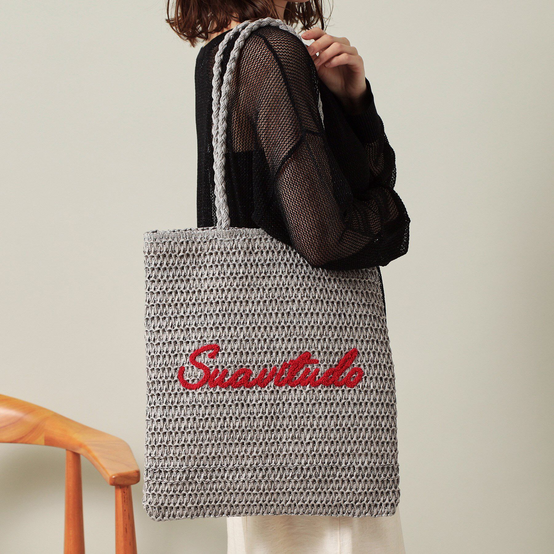 ITS&rsquo;DEMO「雑材サガラ刺繍フラットトート」|トートバッグ|グレー(012)