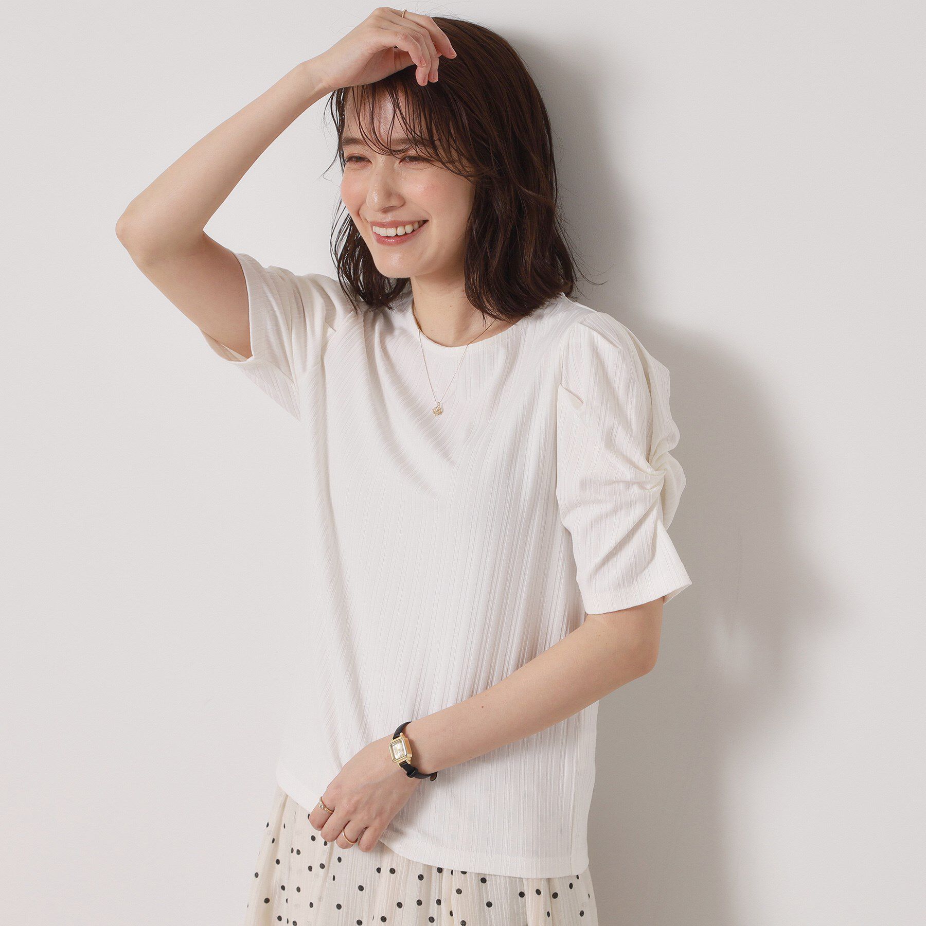 ITS&rsquo;DEMO「【手洗い可】ランダムテレコ袖タックプルオーバー」|Tシャツ・カットソー|オフホワイト(003