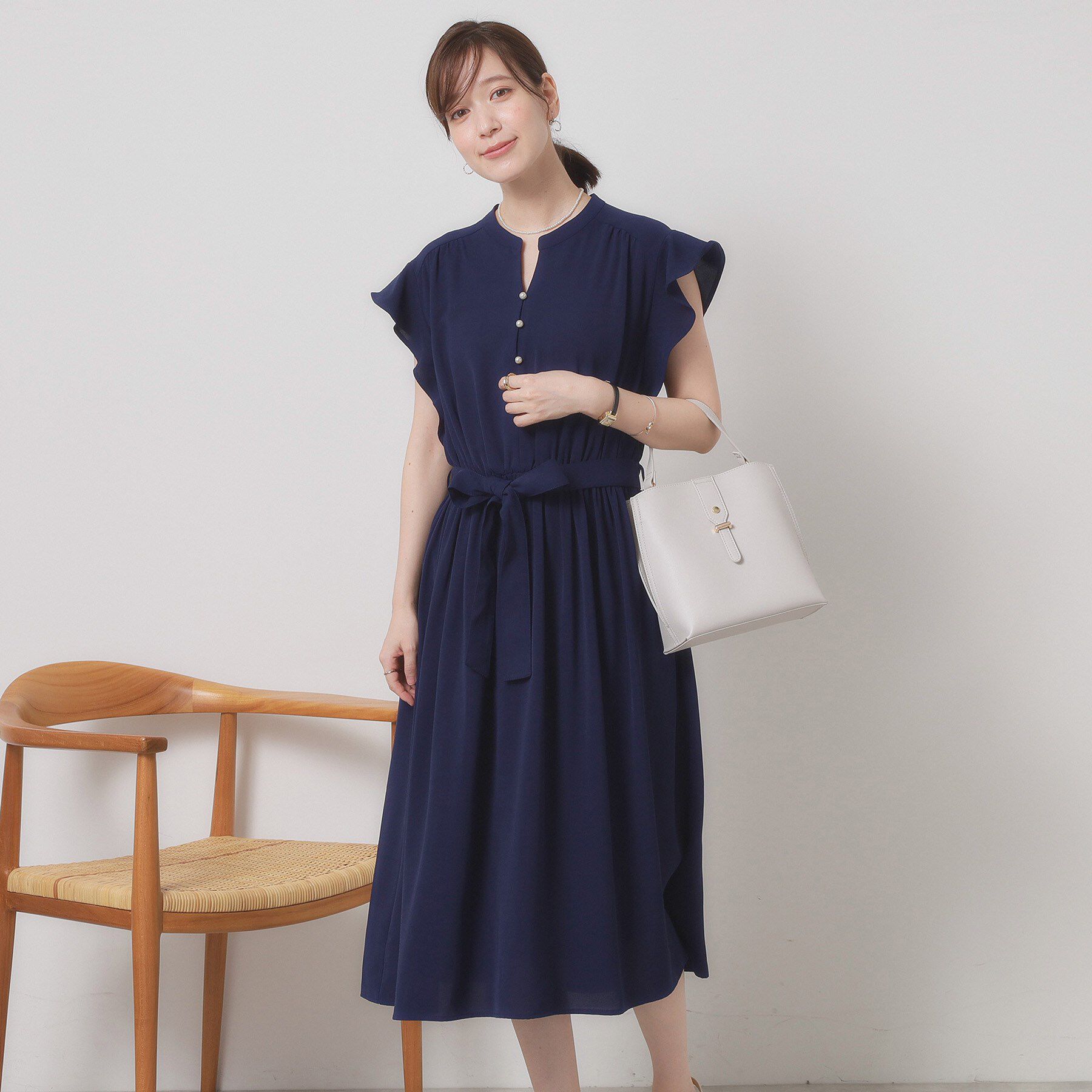 ITS&rsquo;DEMO「【手洗い可】フリル袖ブラウジングワンピース」|ワンピース|ネイビー(094)