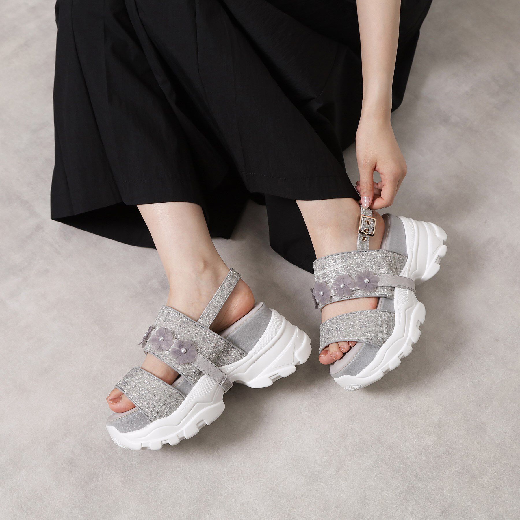 ESPERANZA「ツイード風フラワーベルトスポサン」|サンダル|