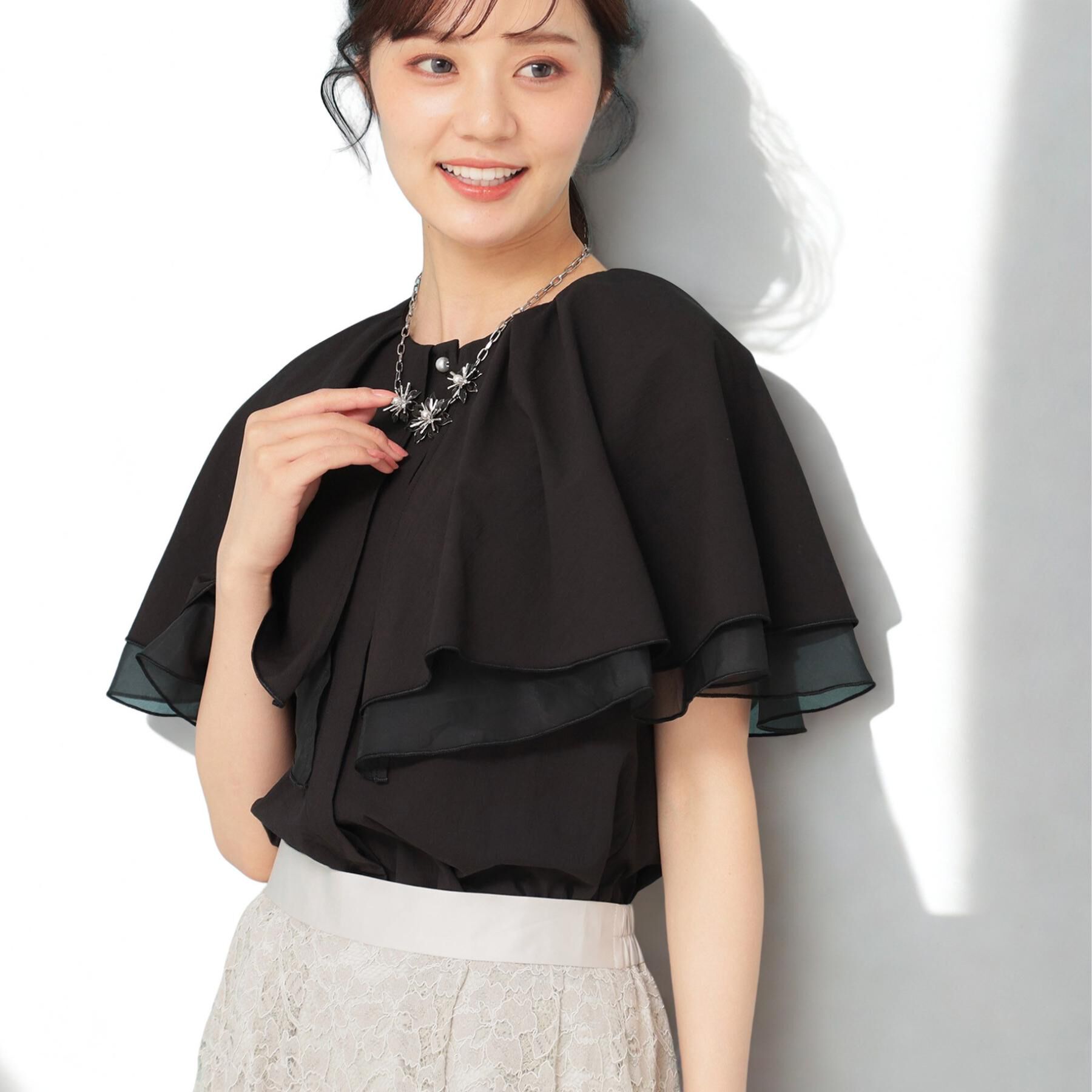 SunaUna「【２段フリル 】ケープカラーブラウス」|シャツ・ブラウス|ブラック(019)